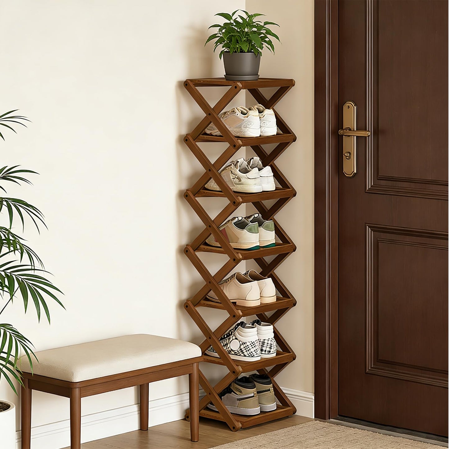 YYW Shoe Rack, Foldable Shoes Organizer Free Standing Shelf for Entryway, Closet, Hallway, Foldable X Shape Multi Tier Shoe Rack (Brown,7 Layers)