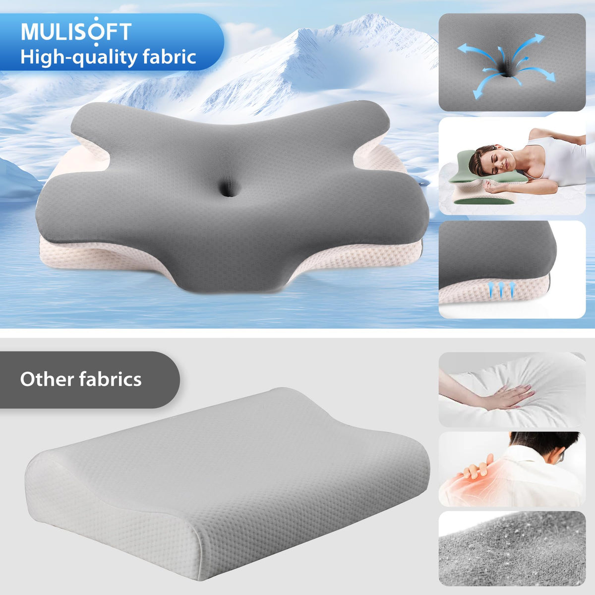 MULISOFT Memory Foam Pillow, Comfortable Pillow, Supportive Neck pillow, Ergonomic side sleeper pillow (GREY)
