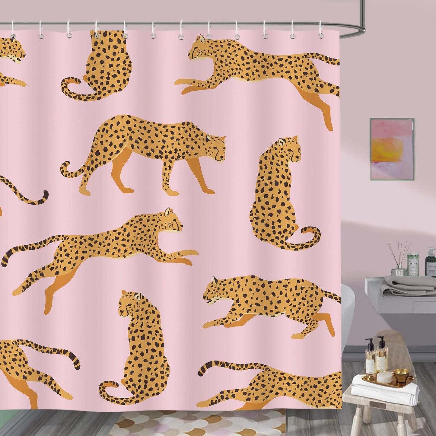 Bonhause Pink Leopard Shower Curtain 180 x 180 cm Tropical Animal Cheetah Trendy Bathroom Curtain Waterproof Mildew & Mould Resistant Polyester Fabric