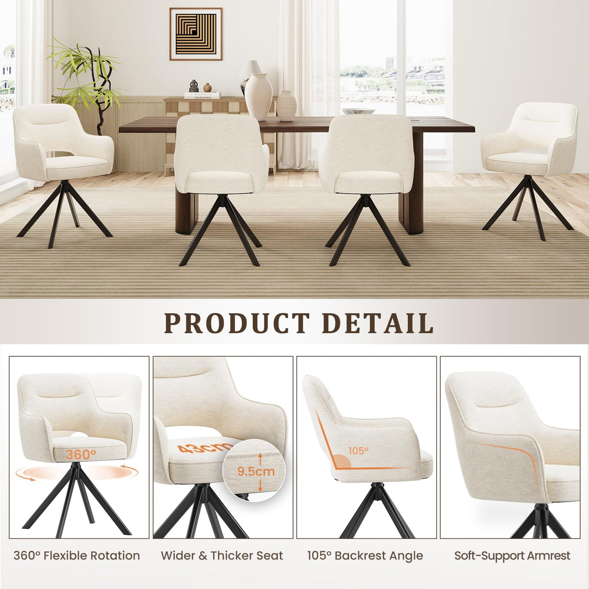 COLAMY 360°Swivel Dining Chairs Set of 4, Fabric Chairs for Dining Room with Armrests, Hollow Backrest and Thick Seat Cushion