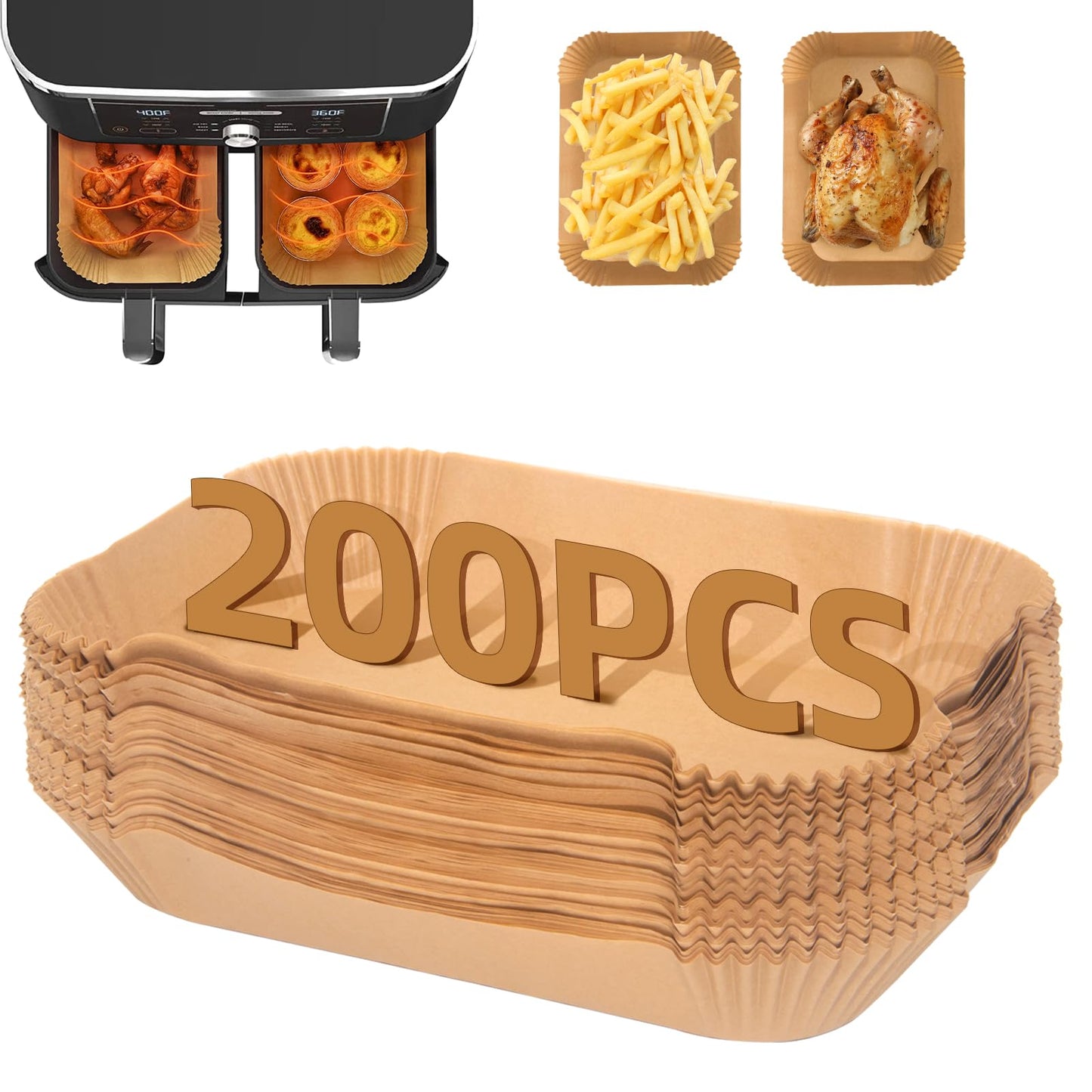 200PC Ninja Air Fryer Liners Disposable, Air Fryer Paper Liners for Ninja Air Fryer Dual, Airfryer Food Grade Accessories for AF300UK AF400UK, Salter,