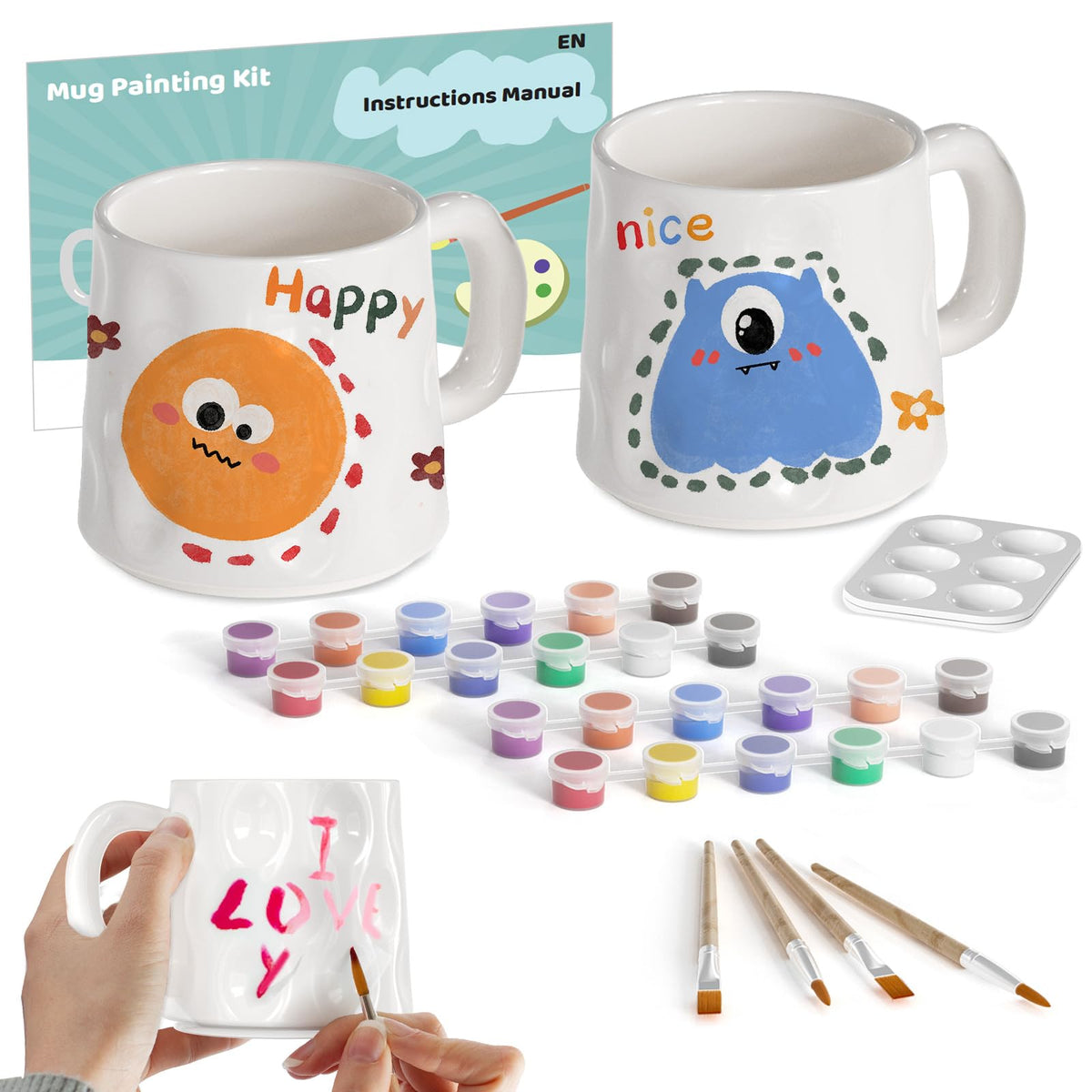 Errum Double Pottery Painting Kit, Personalised Gift Mug Kit for Adult & Kids, Paint Your Own Mug Set Ceramic Art and Crafts Kit Includes Mugs,