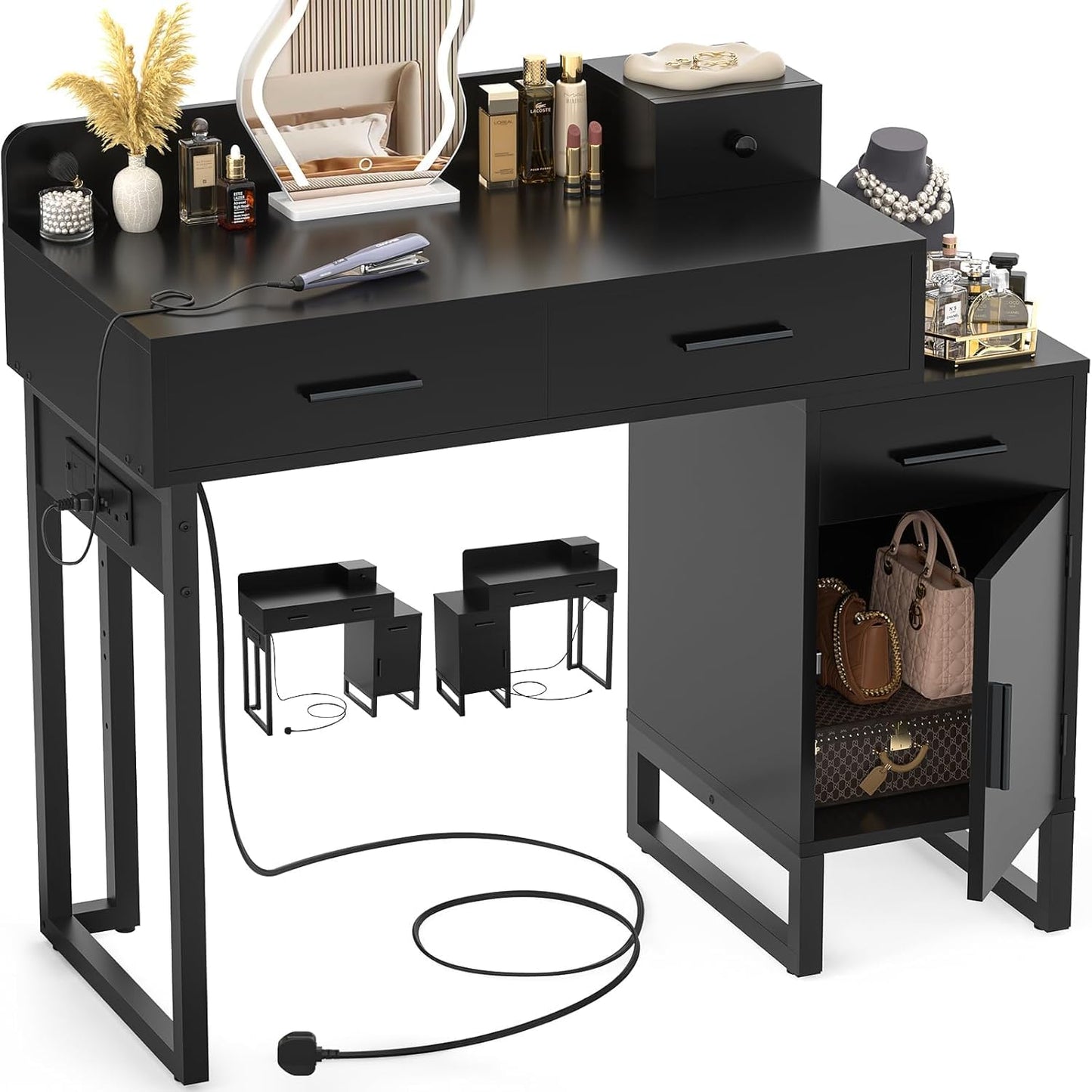 iSunirm Black Dressing Table No Mirror, 90 cm Vanity Desk with 4 Drawers, Charging Station & Reversible Cabinet