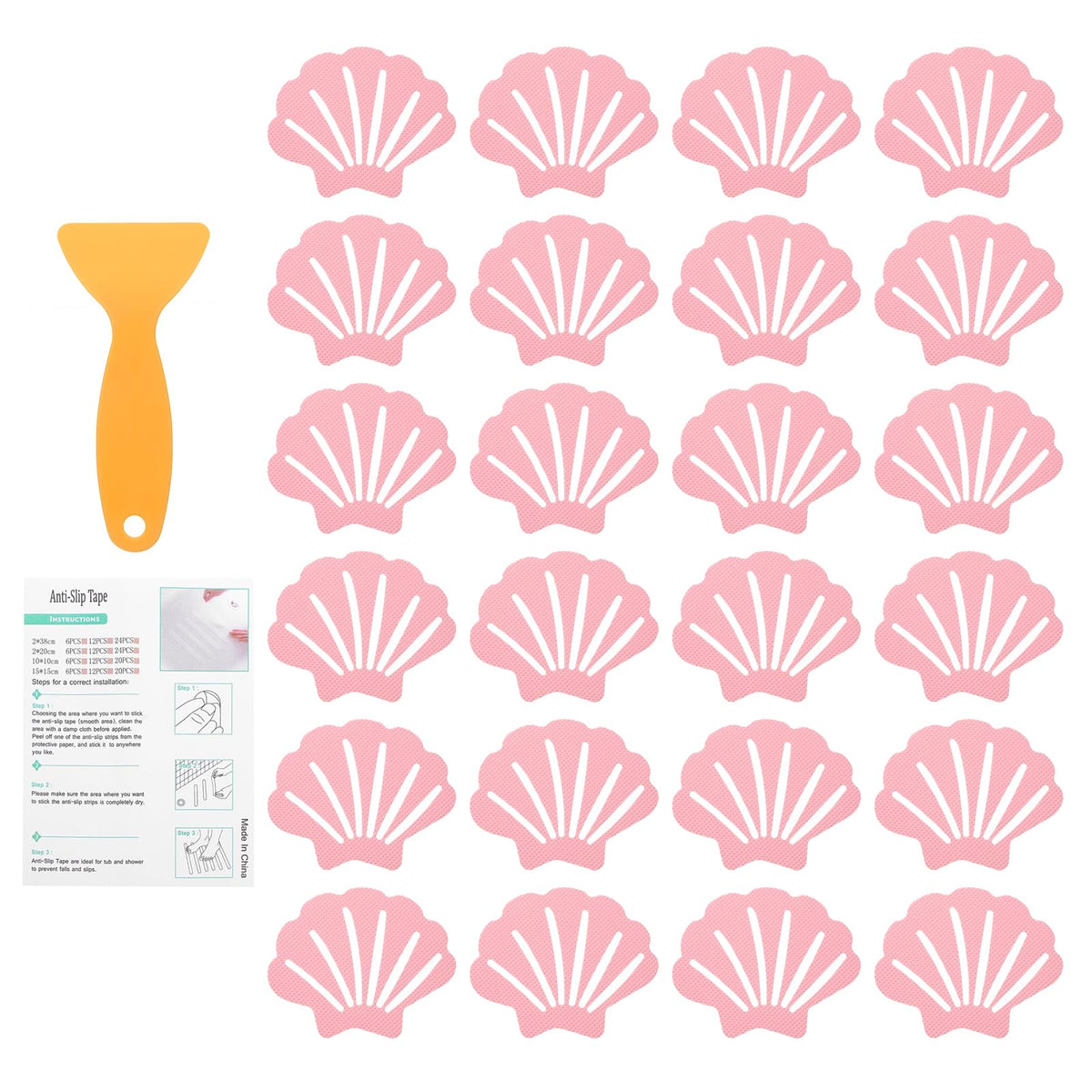 sourcing map 24Pcs Non-Slip Bathtub Stickers, 9x7 cm Shell Shape Shower Floor Non Slip Stickers with Scraper for Bathroom Shower Stairs Ladders, Pink