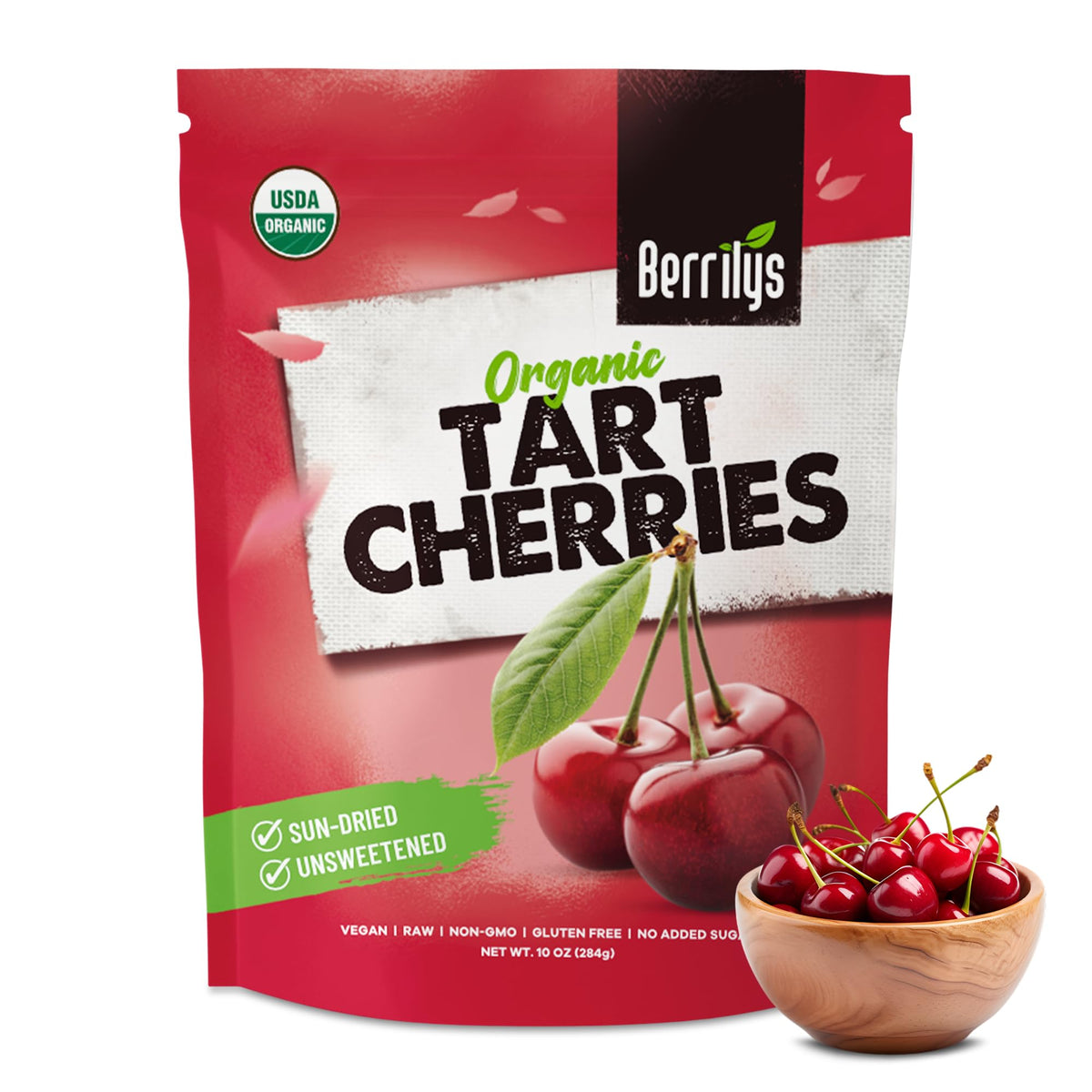 Berrilys Certified Organic Dried Cherries, 454 Gram, Pitted, Great for Baking and Snacking Non-GMO, Unsulfured, No Added Sugar, No Oil, No