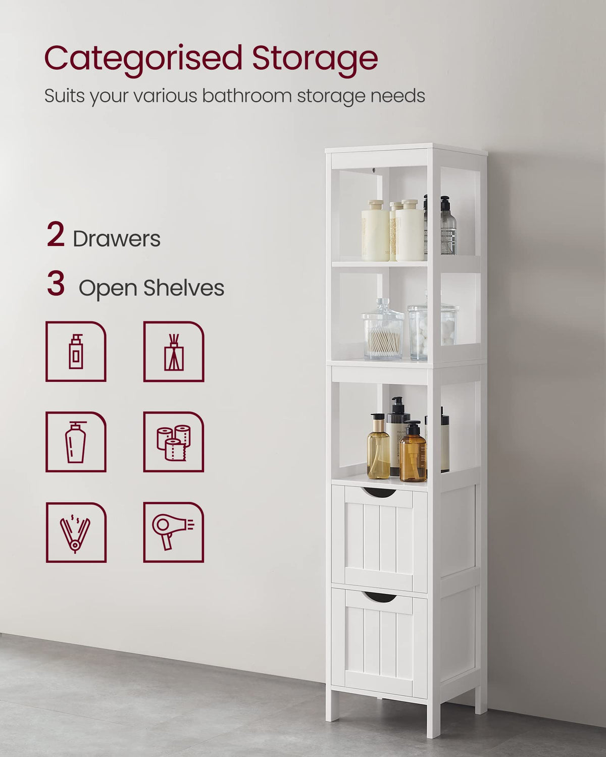 VASAGLE Bathroom Floor Cabinet, Freestanding Bathroom Storage Unit, with 2 Drawers, 3 Open Compartments, for Bathroom, Living Room, Kitchen, Modern