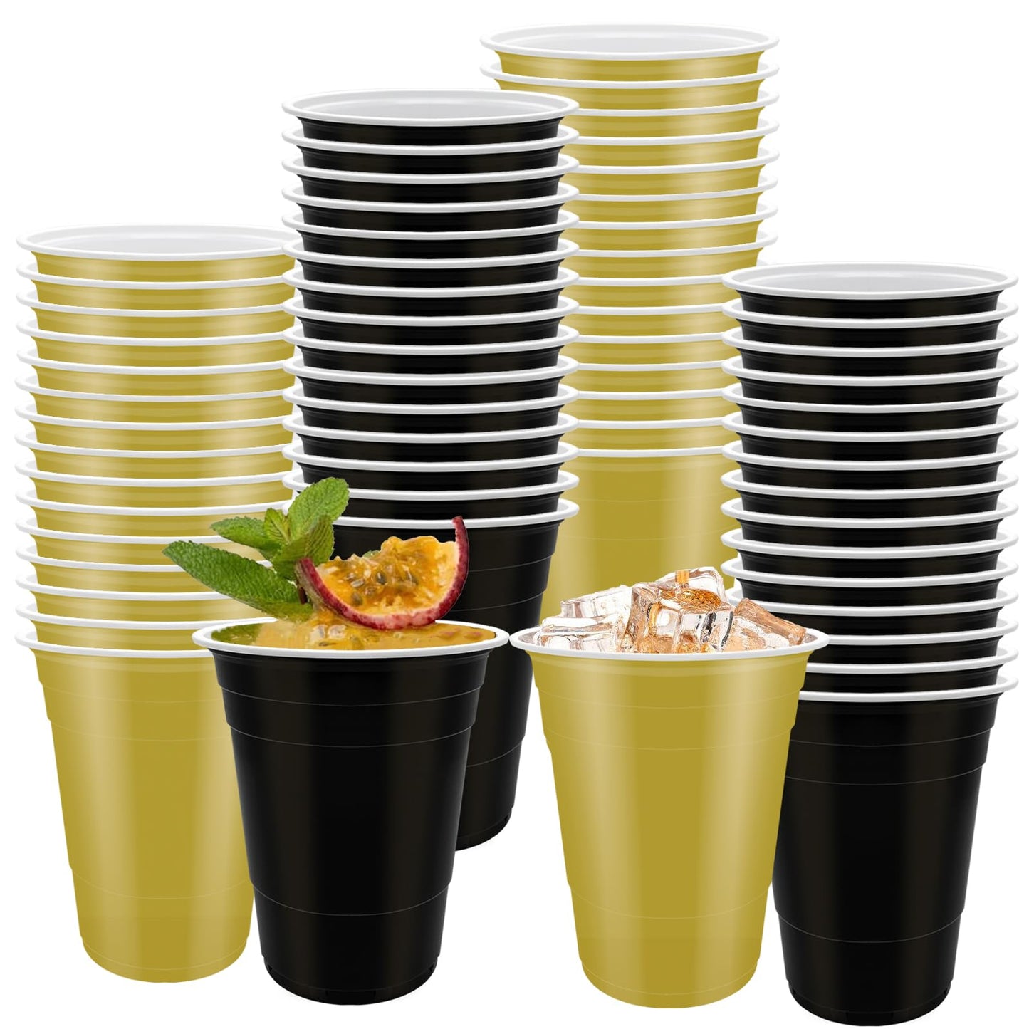 Regaosly 60 Pcs Black and Gold Plastic Cups- 16 oz Reusable Plastic Party Cup Sturdy Colored for Drinking Wedding Birthday Party Christmas