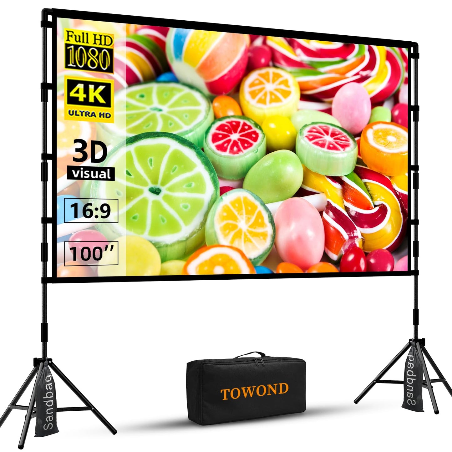 Projector Screen and Stand,Towond 100 inch Indoor Projection Screen Portable Outdoor Projection Screen 16:9 4K HD Rear Front Movie Screen with Carry