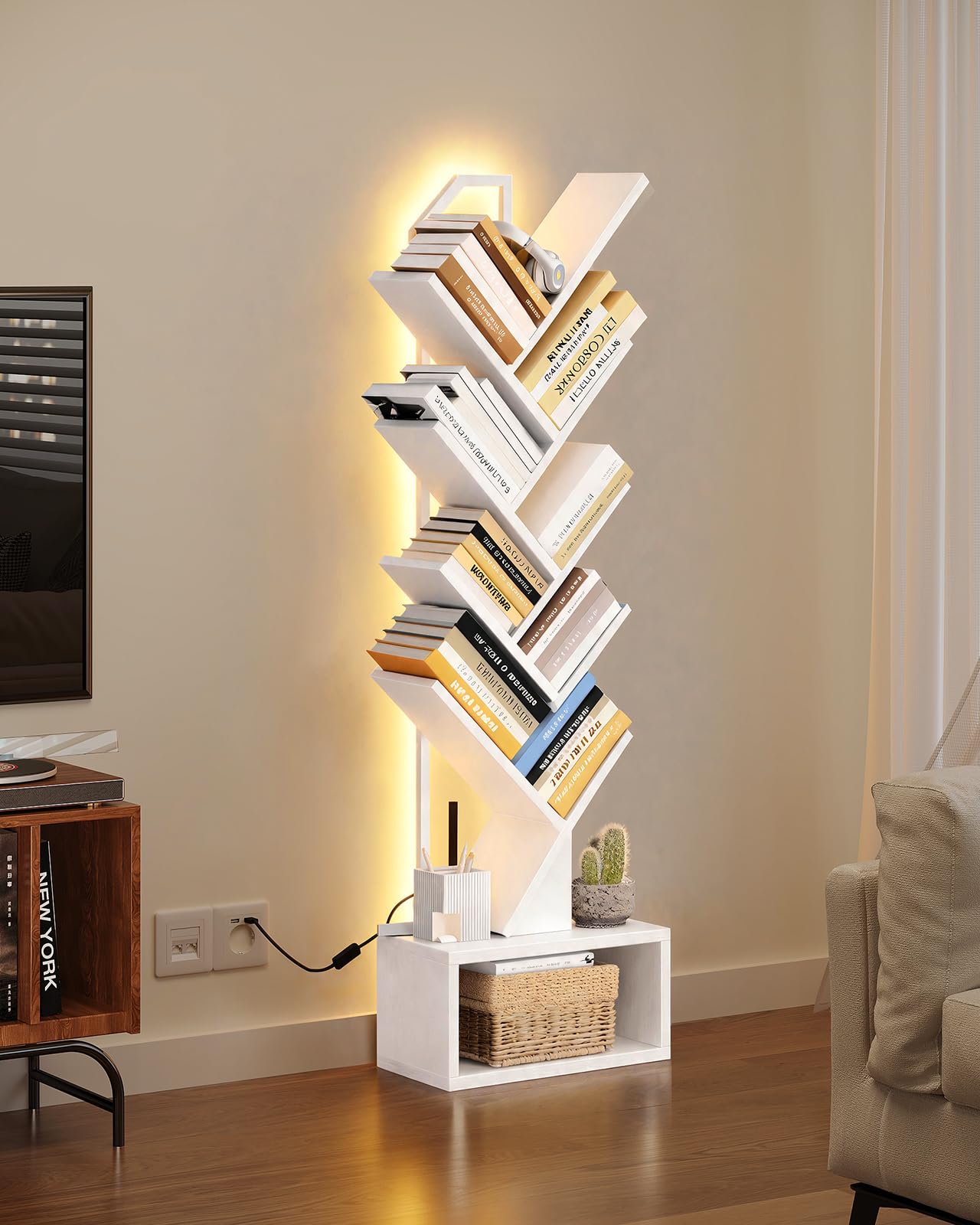 Coleshome 8-Tier LED Tree Bookcase, Wooden Bookshelf, 114.5cm, White
