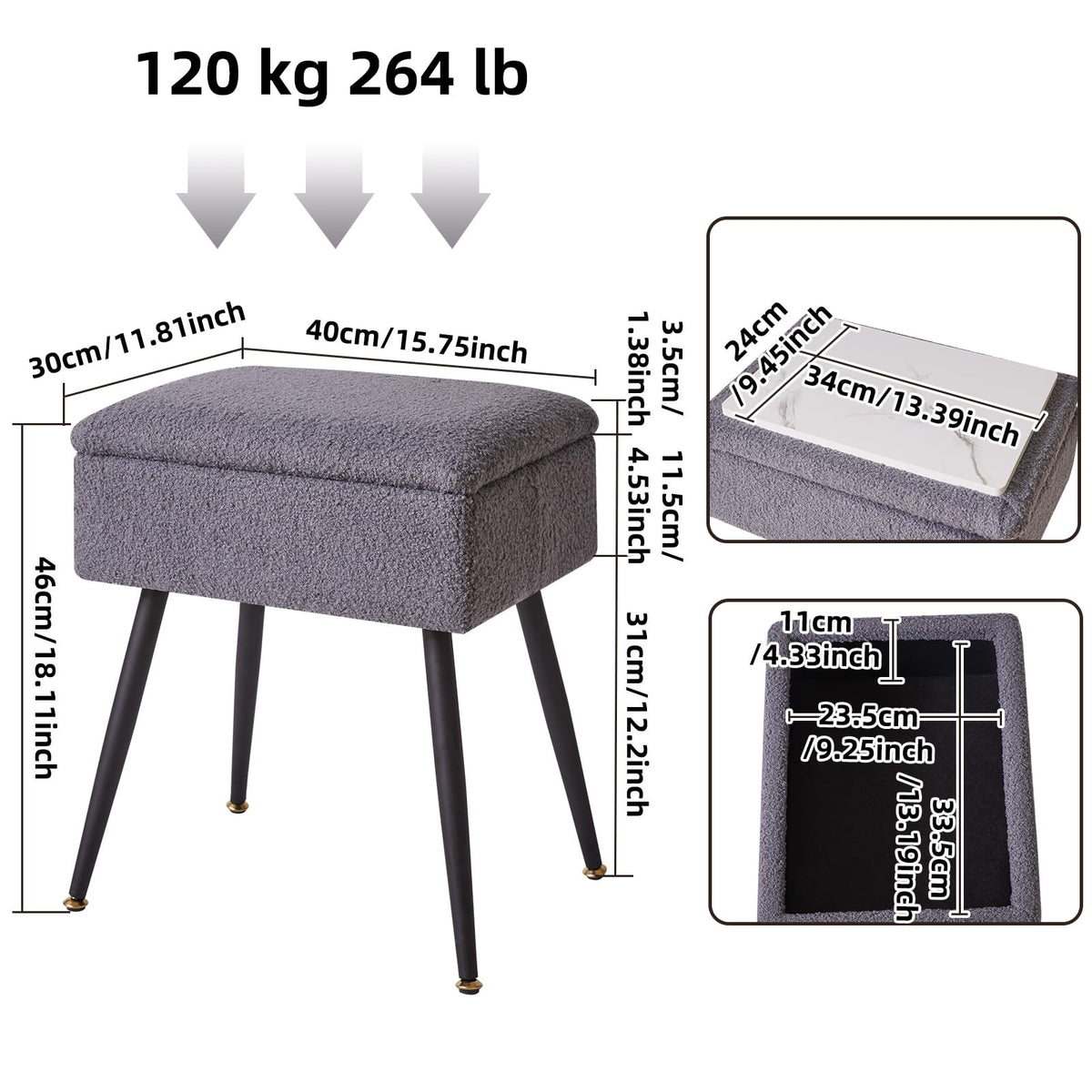 Aibiju Stool Chair for Dressing Table, Faux Teddy Fur Vanity Stool with Storage, Bedroom Ottoman Stool with Metal Legs for Home Living Room, Bedroom,