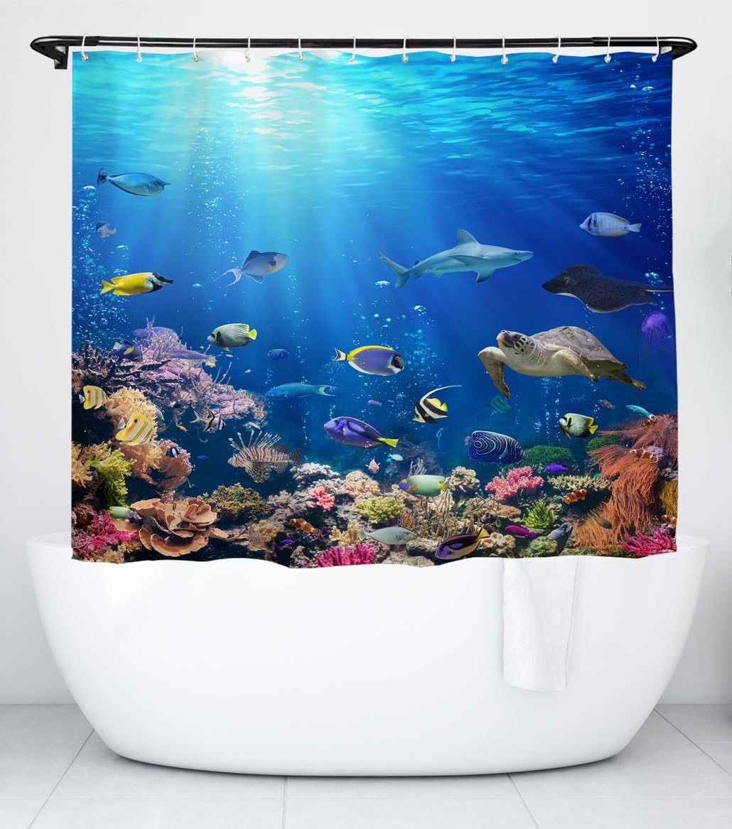 goodbath Short Shower Curtain,Under Ocean Fish Anti Mould Fabric Waterproof Bath Curtains for Bathroom Bathtub, 180 x 150 cm,Bright Blue