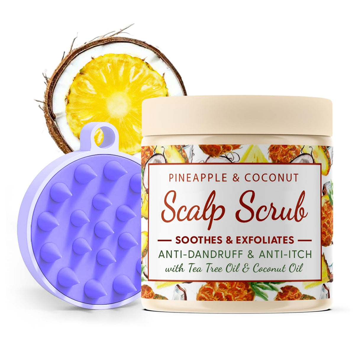 CalmGrace Exfoliating Scalp Scrub in Bigger Size with Silicone Brush | Fortified with Dead Sea Salt, Tea Tree Oil, Coconut Oil & Vitamin C, E | Detox