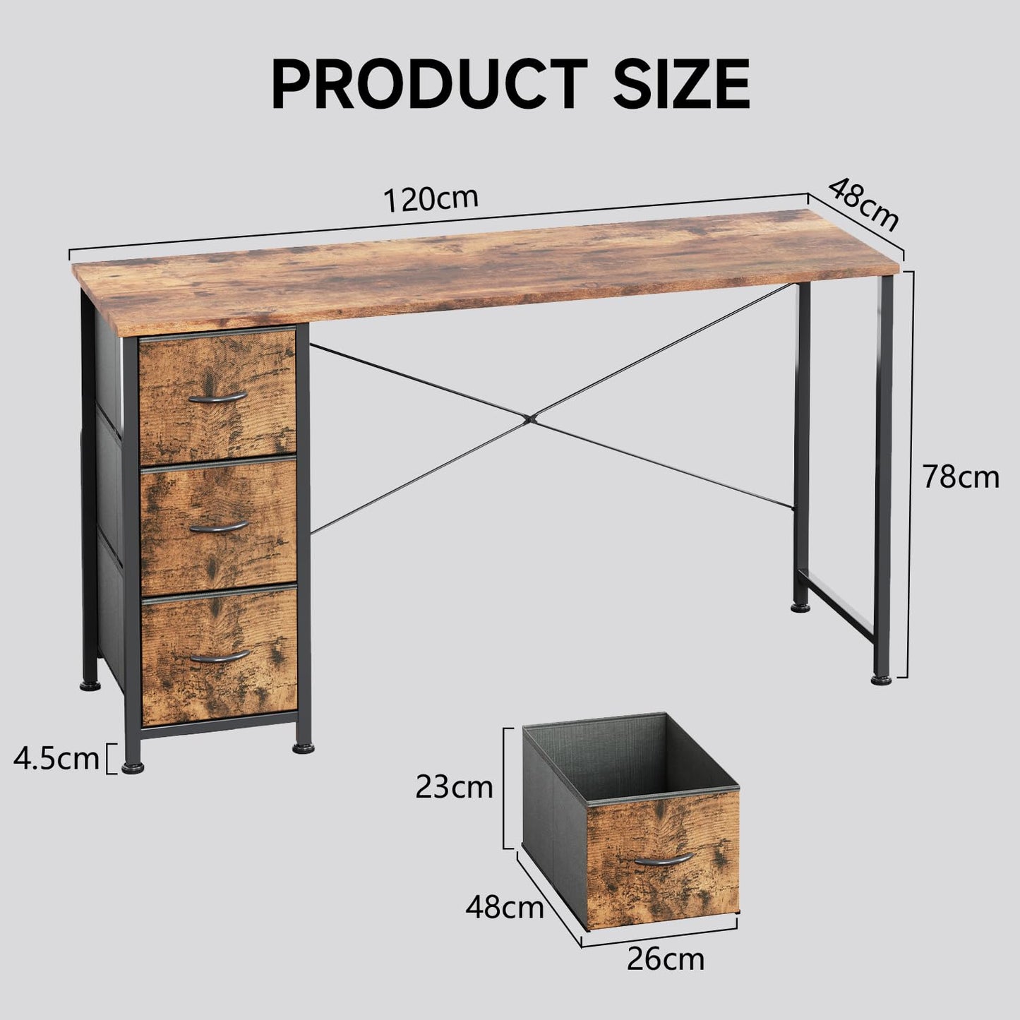 KitMent 120cm Wide Desk, Small Computer Desk with 3 Drawers, Home Office Desk with Adjustable Feet and Sturdy Frame