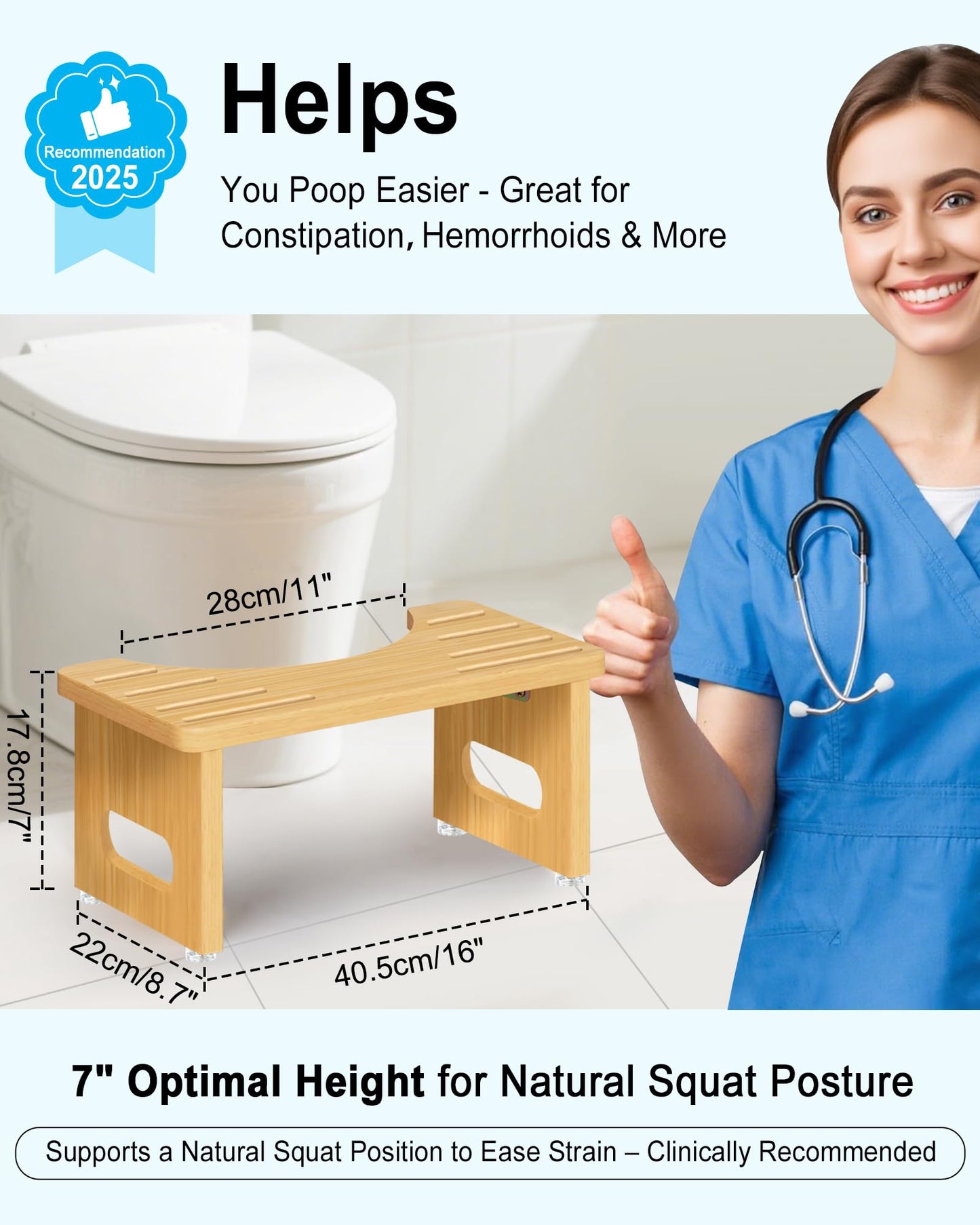 Foldable Toilet Stools, 17.8 CM Wooden Toilet Stool with Anti-Slip Feet, Space Saving, 35° Durable C Shaped Stool (Yellow)