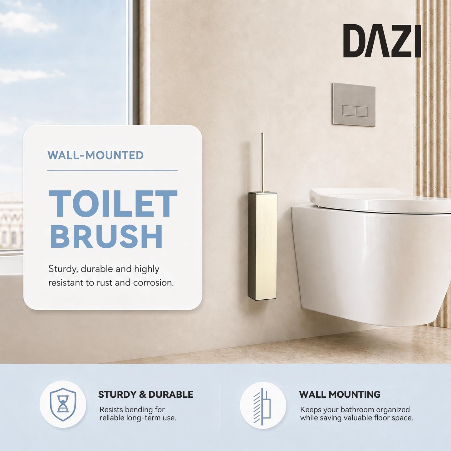 DAZI Toilet Brush WC Wall-Mounted, Toilet Brush Holder Stainless Steel Brush Gold Finish without drilling