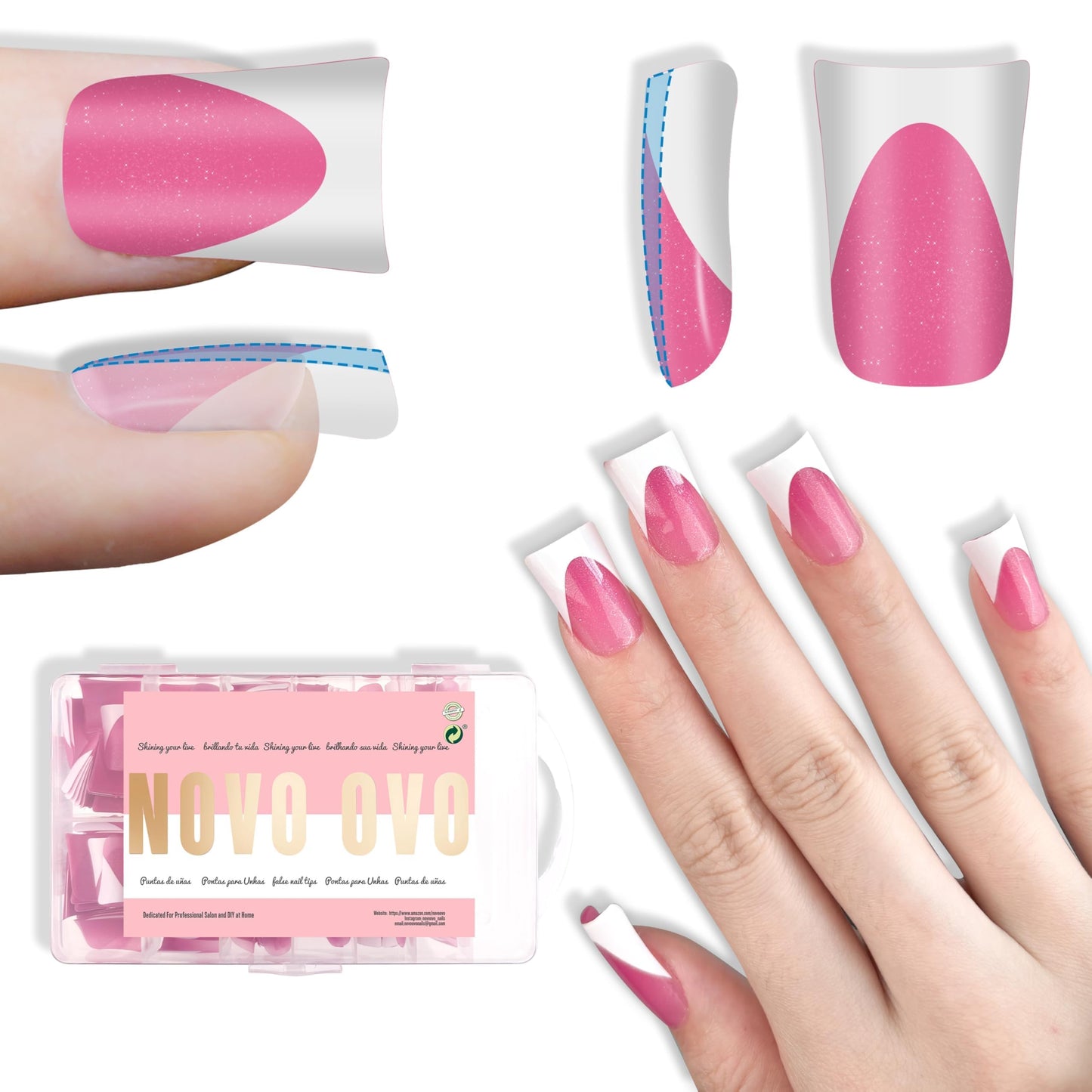 NOVO OVO Short Duck Nail Tips French Tip Press On ROSE PINK with Glitter, Pre-designed Soft Gel Nail Extension, Pre-applied Tip Base Coat, Full Cover