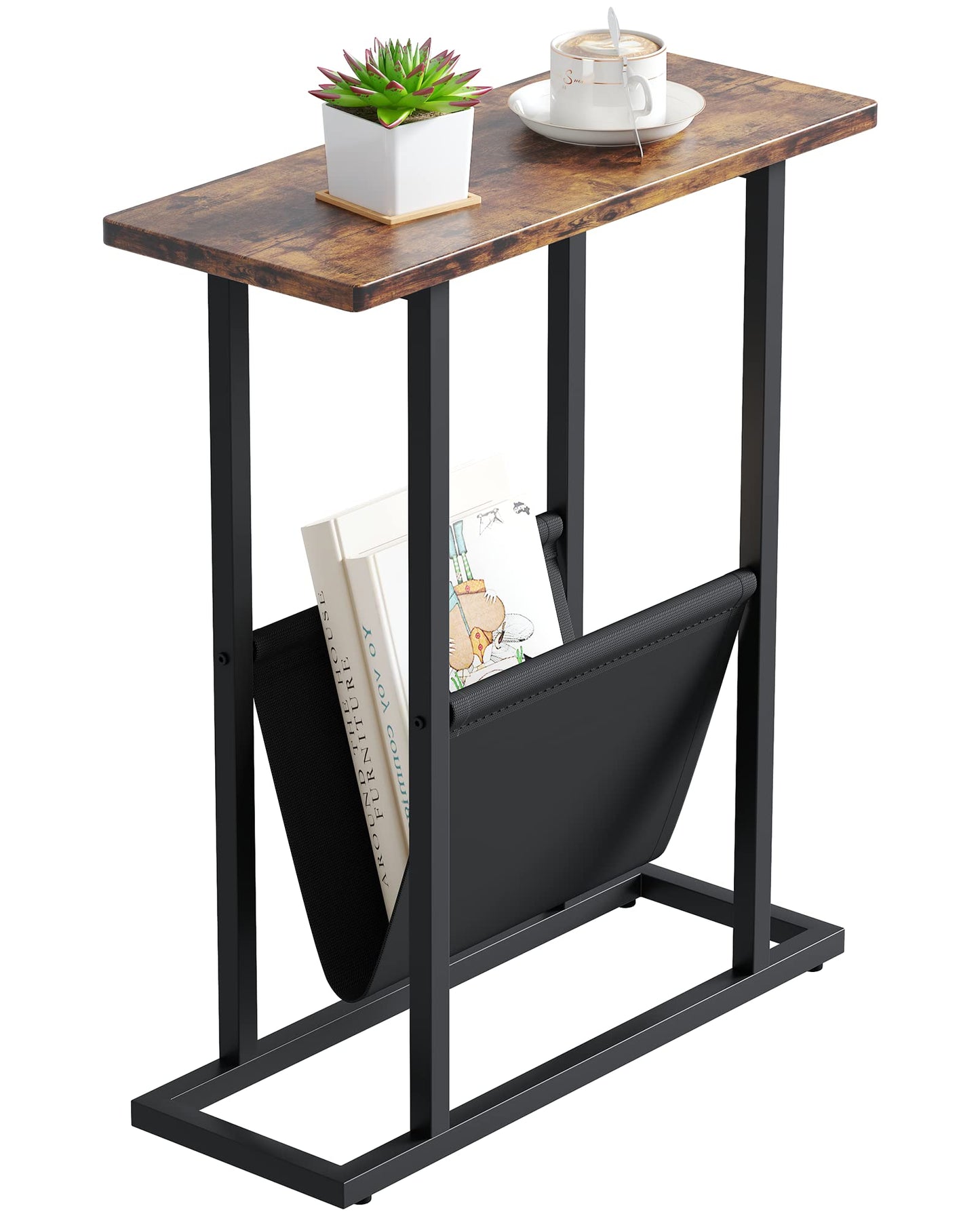 Yusong Small Narrow Side Table for Small Spaces, Slim End Table Magazine Table Nightstand with Storage Holder