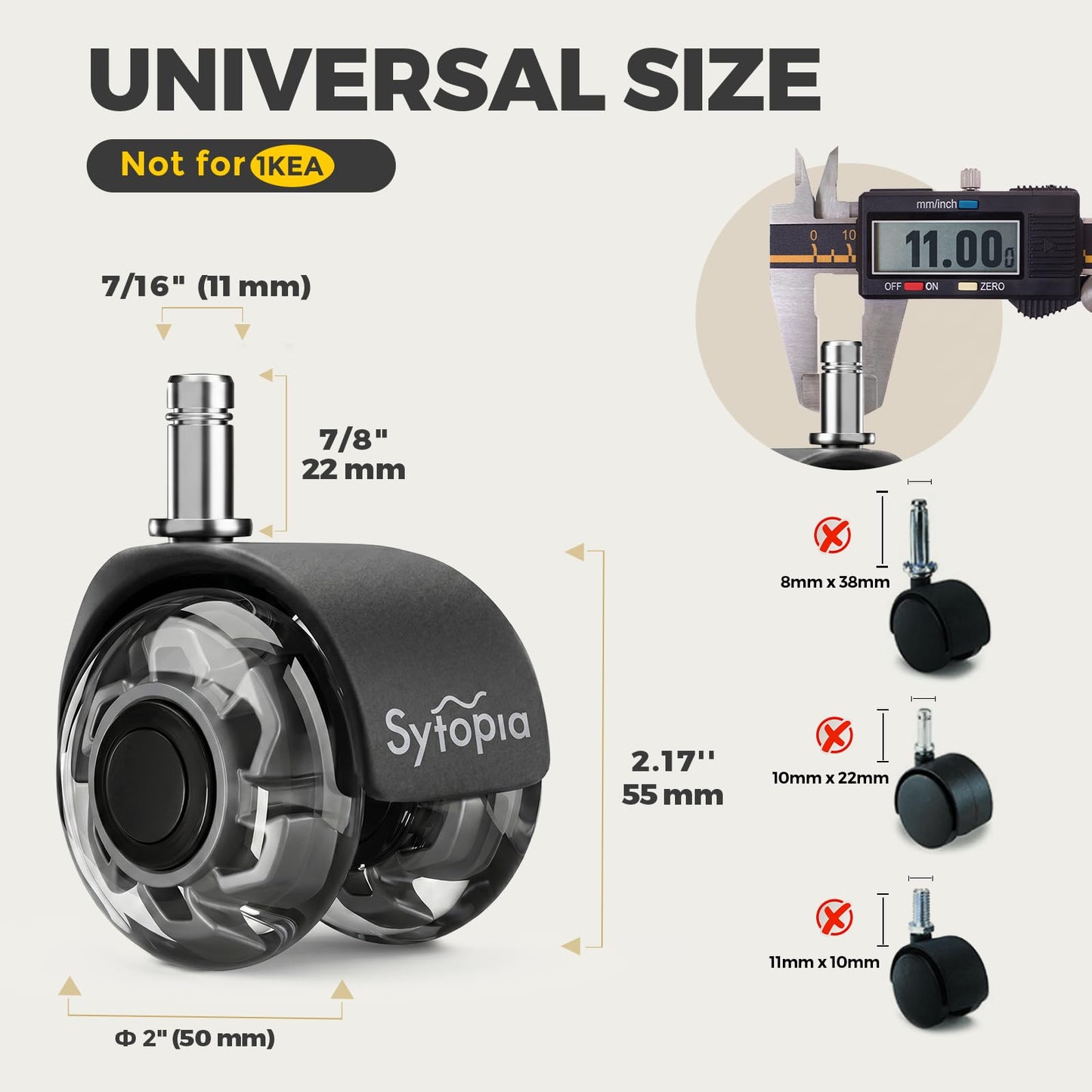 Sytopia Office Chair Wheels With 11×22mm Pin, Universal Fit 2-Inch Castors Replacement, Dual Wheel Rubber Smooth & Silent Chair Casters Wheels