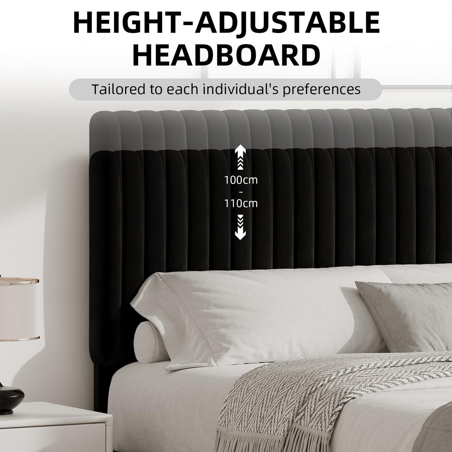 HOMBCK Single Bed Frame, 90 x 190 cm, Upholstered Bed with Velvet Headboard, Adjustable Height, Wooden Slat Support, No Box Spring Needed, Black