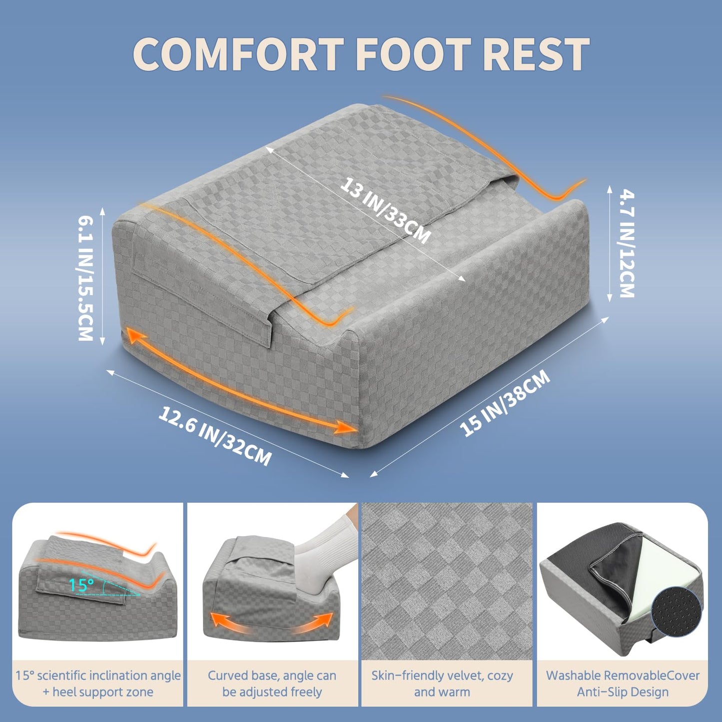 Nockovi Foot Rest for Under Desk at Work – 15° Tilt Angle Under Desk Footrest with High-Resilience Foam, Velvet Top & Non-Slip Base