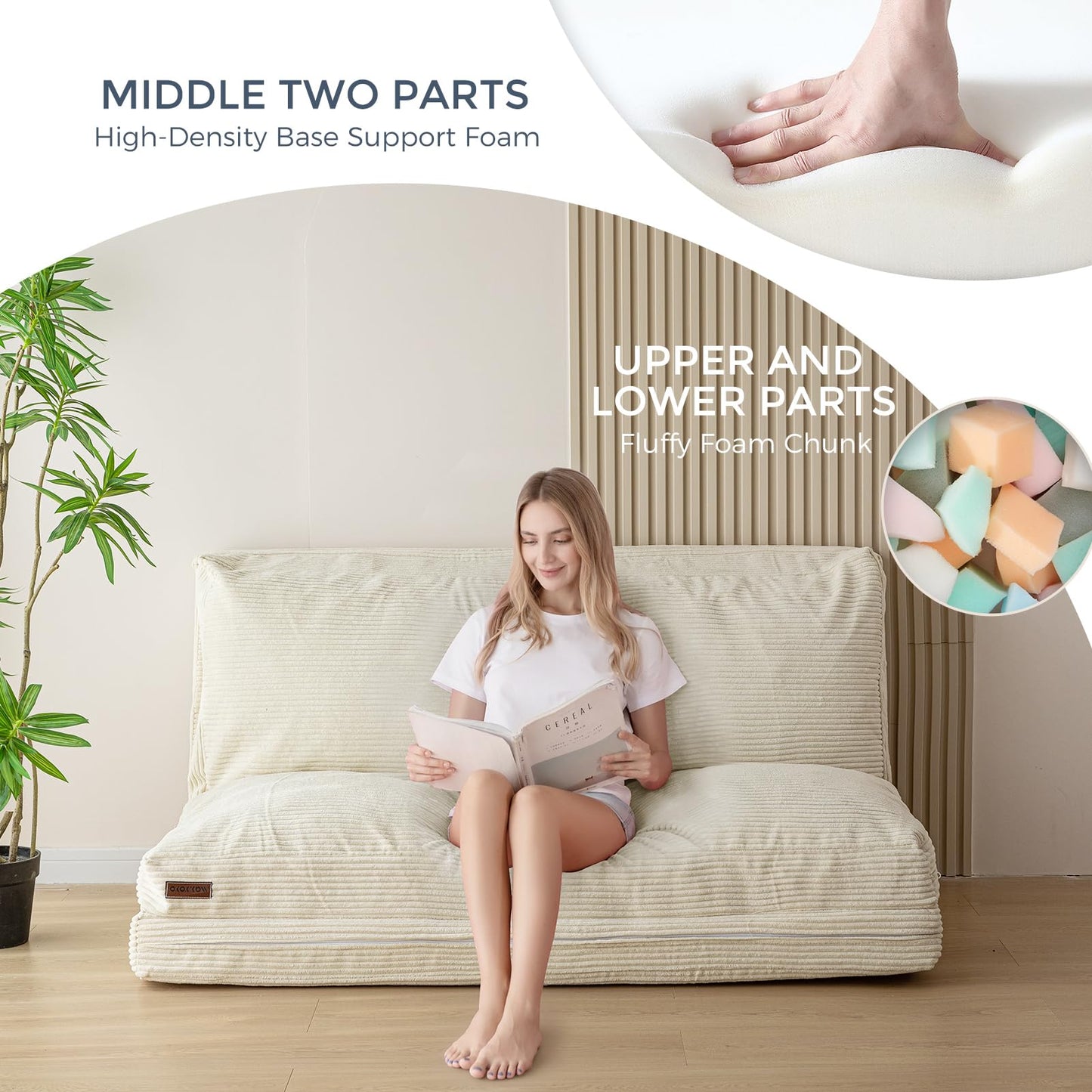MAXYOYO Folding Corduroy Sofa Bean Bag Bed Chair Foam Filling Extra Thick 4 Fold Floor Couch Matress for Adults