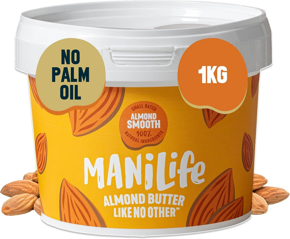 MAN?LIFE Almond Butter Smooth, 1kg Jar - Smooth and Sweet Vegan Almond Butter Made from Quality Almonds - No Palm Oil, No Added Sugar, No GMO