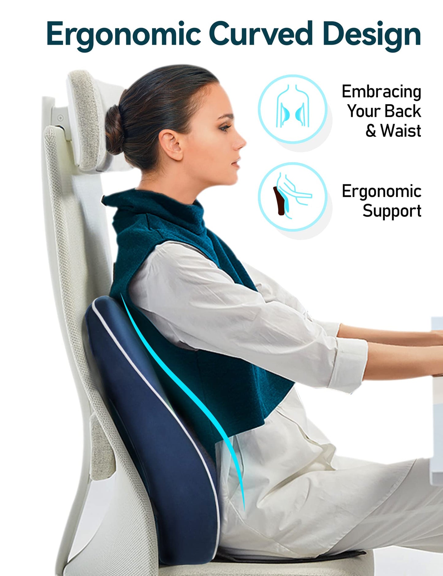 Travel Ease Ergonomic Lumbar Support Cushion, Memory Foam Back Support Cushion for Office Chairs with Skin-friendly Cover for Comfort (DarkBlue)