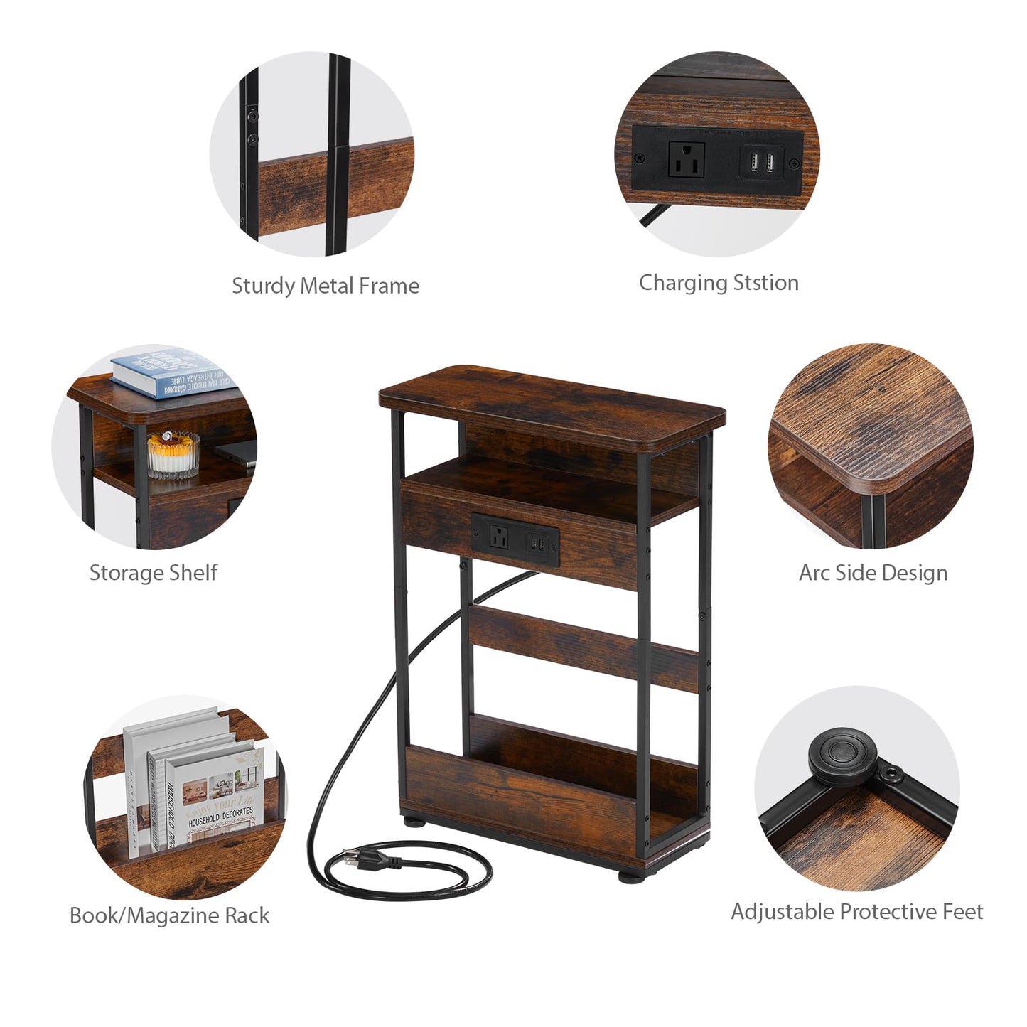 Rustic Brown Narrow Side Table with Charging Station - 3-Tier End Table with 2 USB Ports & Power Outlets, Perfect for Small Spaces