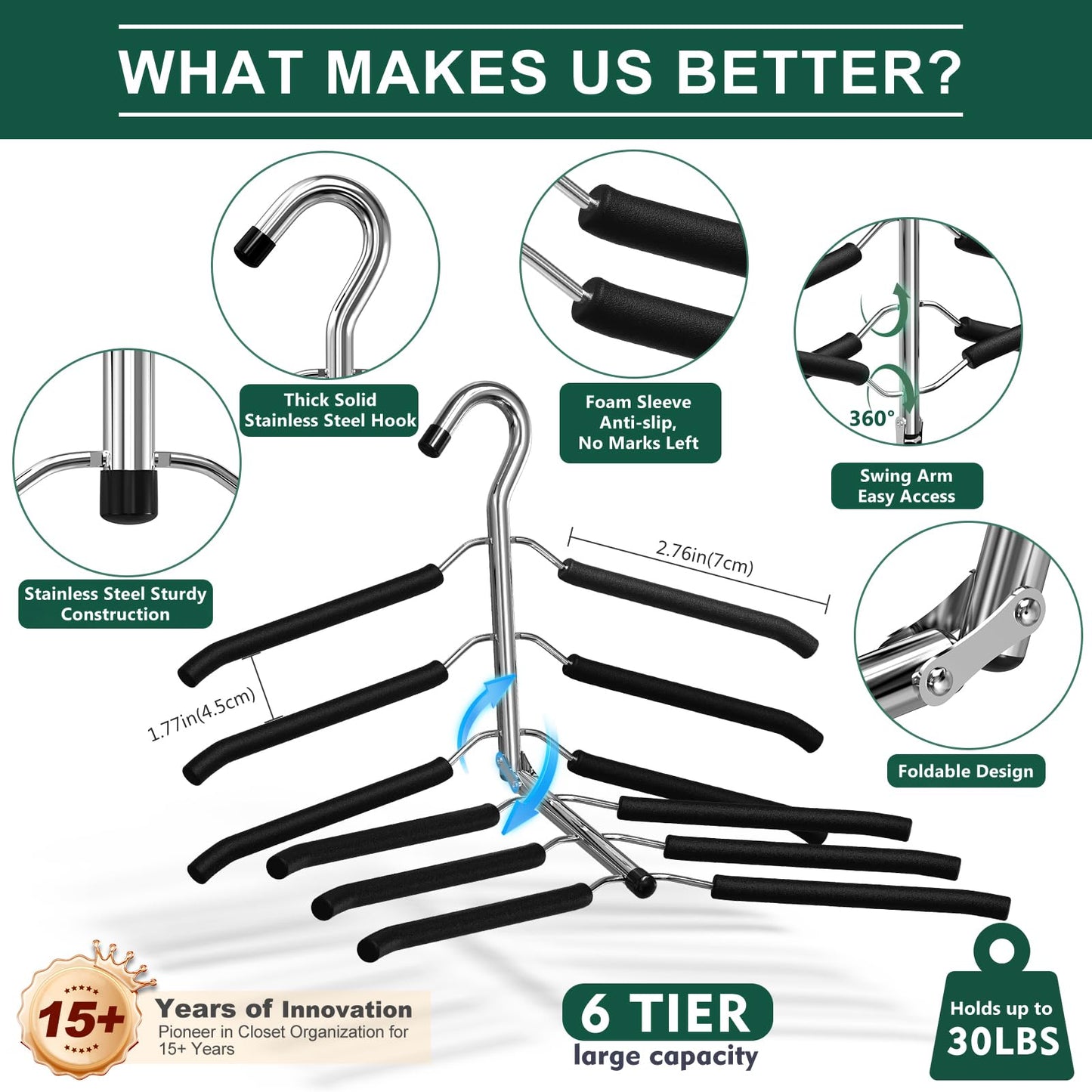 DOIOWN Clothes Hangers Space Saving - 6 Tier Coat Hangers Space Saving Hangers Non Slip Foam Padded Hangers
