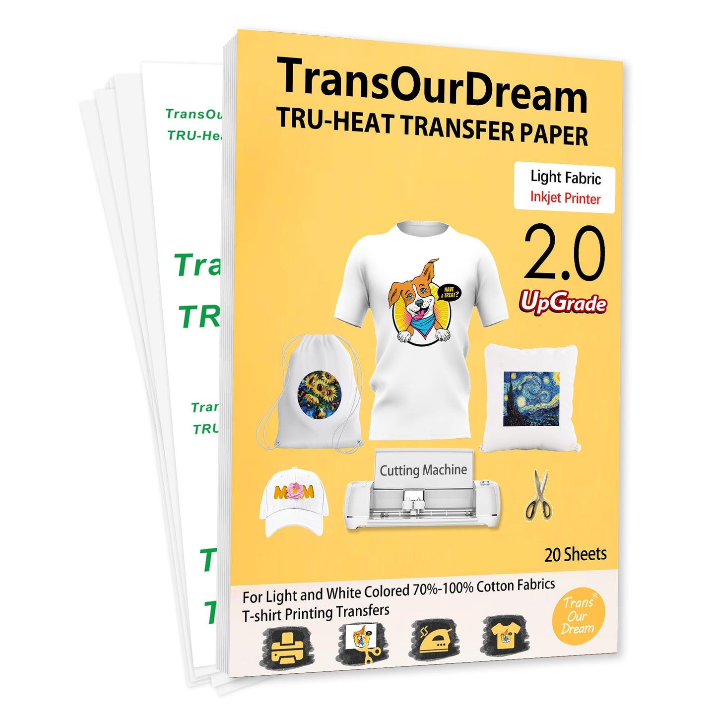 TransOurDream Tru-Transfer Paper T-Shirt Printing 20 Sheets A4 Inkjet Heat Transfers for Light Fabric Printable Vinyl Upgraded 2.0 Iron on Printer