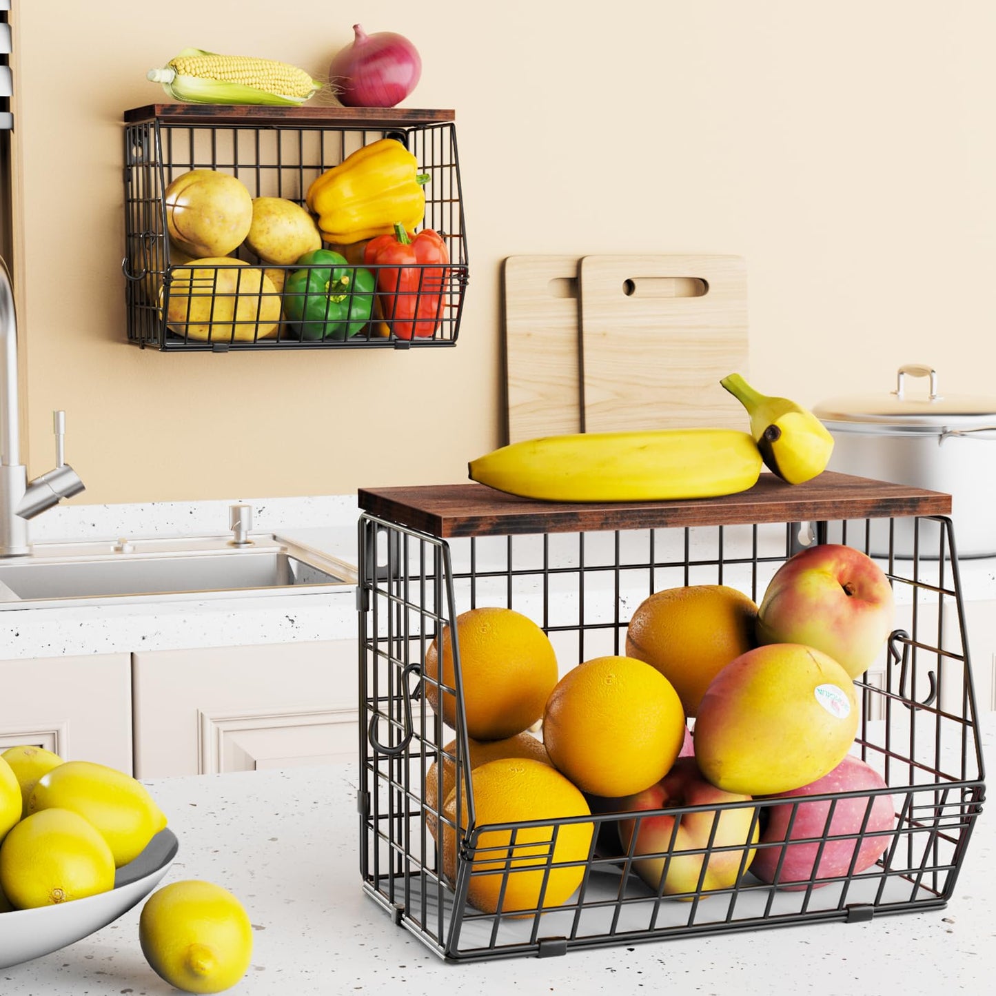 Mefirt Fruit Bowl, Fruit Baskets for Kitchens, Hanging Rack with Banana Hanger can as Kitchen Storage, Vegetable Rack Wall & Stackable Storage Baskets