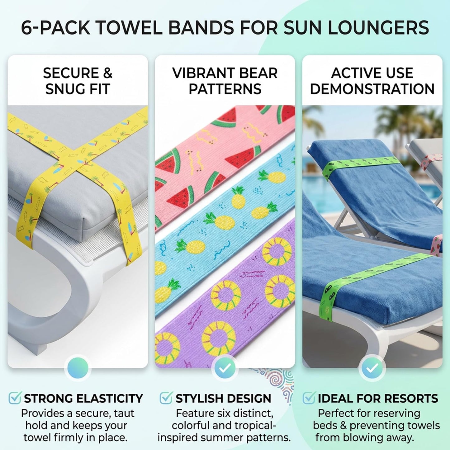 WORUIB Towel Bands for Sun Loungers, Beach Towel Bands for Sun Loungers, Secure Towels on Windy Beach Chairs, Organise Swimwear During Pool Visits