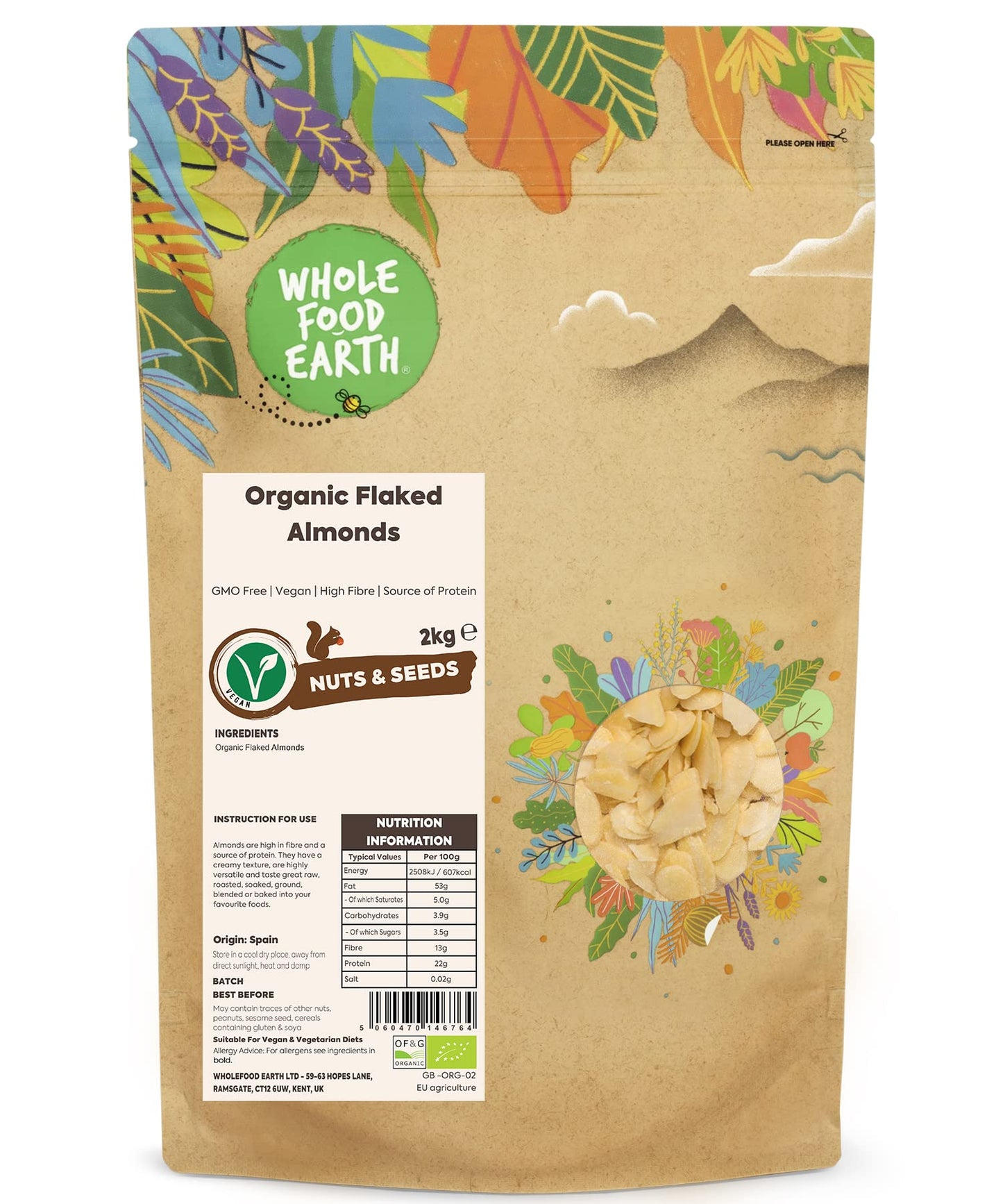 Wholefood Earth Organic Flaked Almonds ? 2 kg | GMO Free | Vegan | High Fibre | Source of Protein | Certified Organic