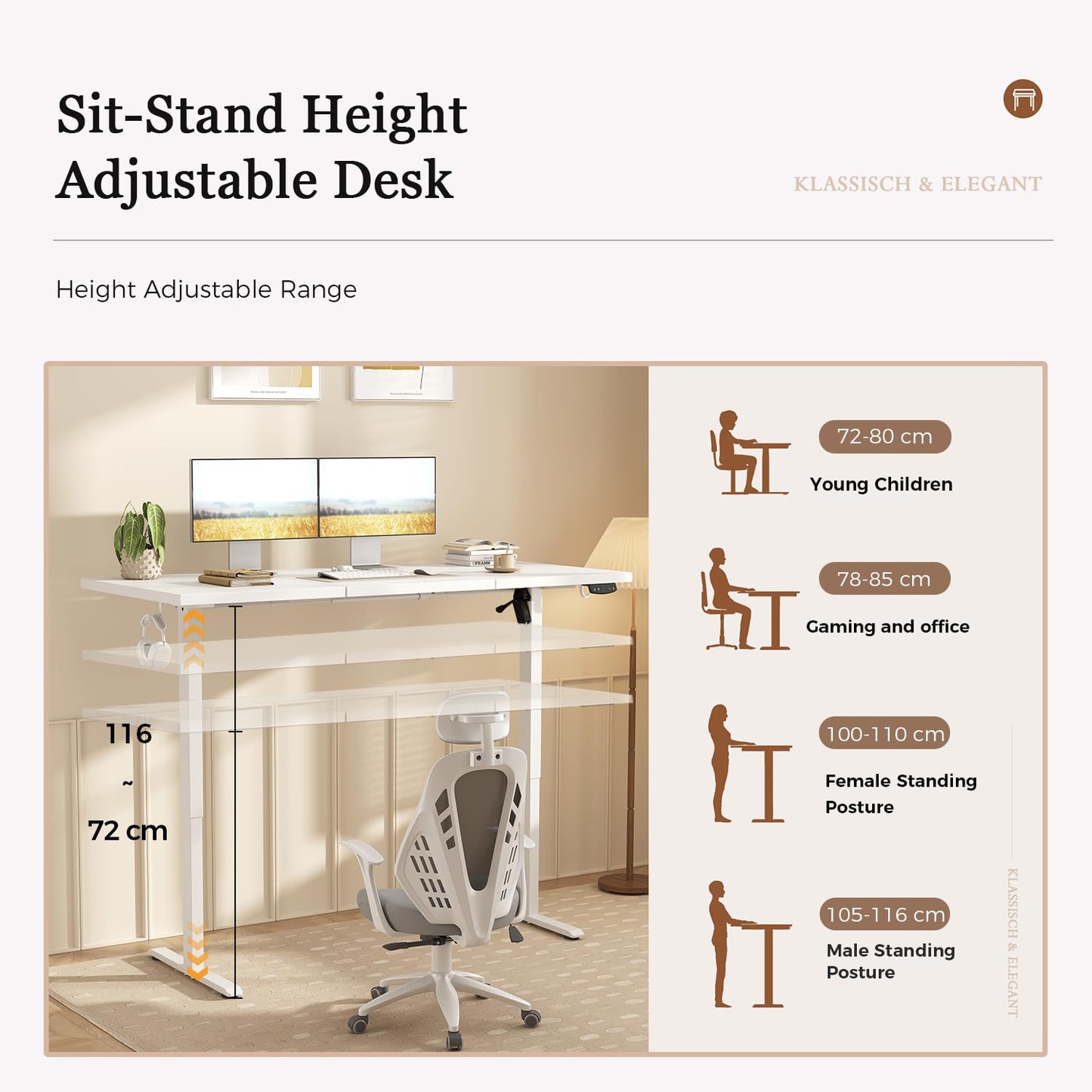 Klicelor Electric Standing Desk, 2 Memory Buttons for stand & sit, 120x60