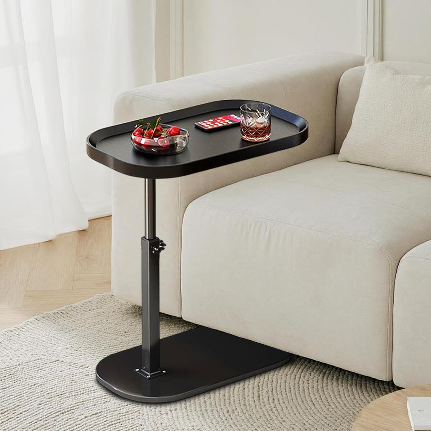 SHEBUYLLI Small C-Shaped Bedside Table, Adjustable with Storage for Living Room & Bedroom, Industrial Narrow Couch End Table (#001Black)