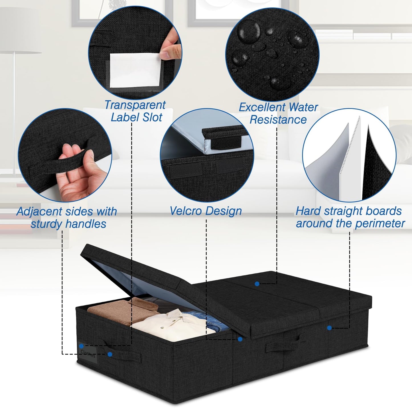 JUPELI Under Bed Storage Box with Lid, 2 Pack Large Underbed Storage Boxes, Foldable Black Under Bed Clothes Storage Box W/Handle, Under Bed Storage
