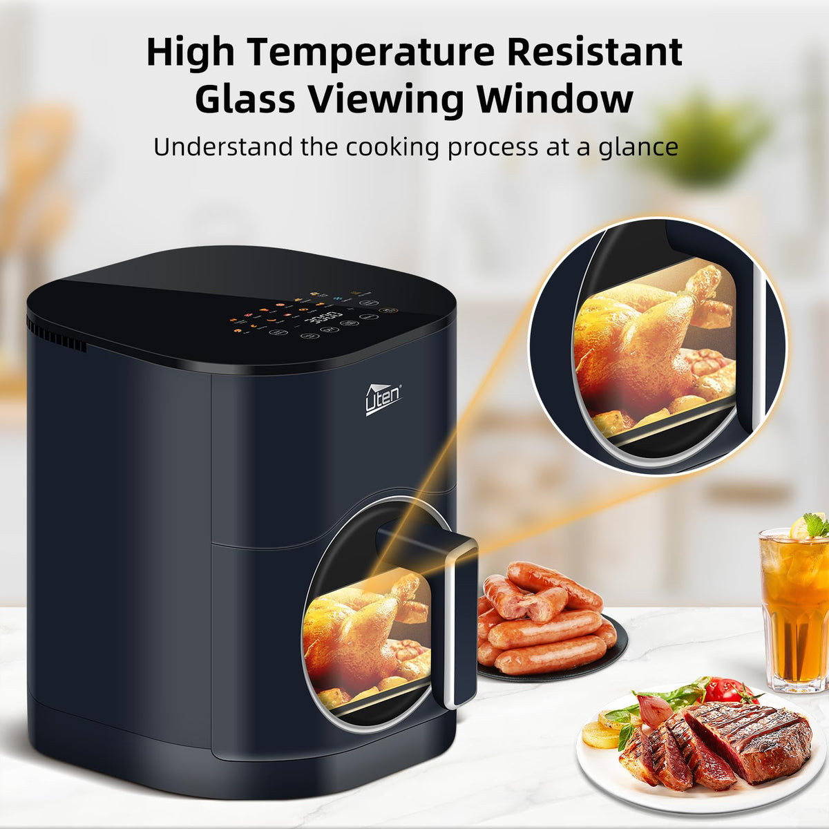 Uten Dual Blaze Air Fryer 5.5L Visual Window, Color Screen, 14 Pre Menus, Delayed Start, Stainless Oil Net, 2 Fast Heaters Independently Controllable,