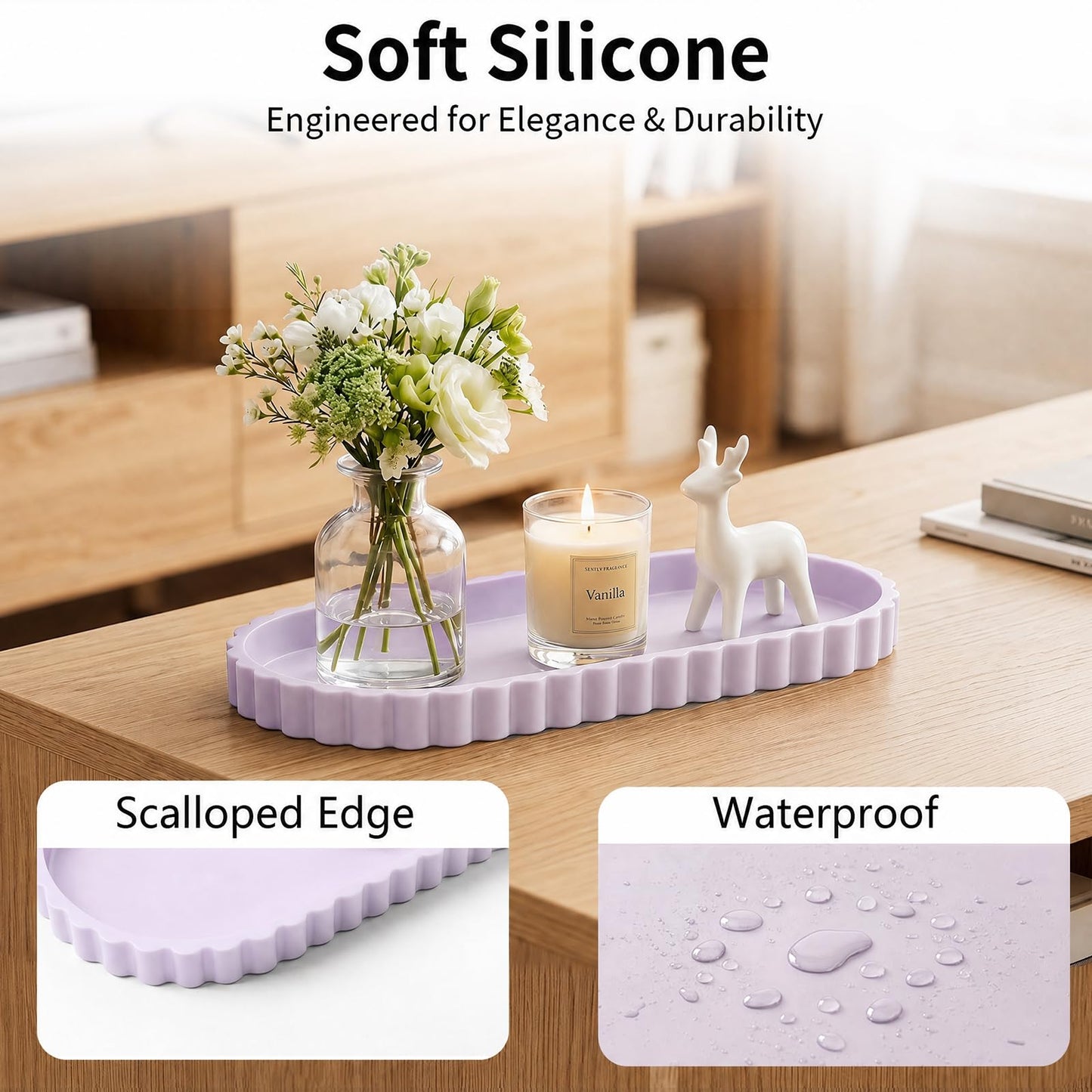 Bathroom Tray - 30.5 x 13.5 cm Oval Vanity Tray for Bathroom Countertop Silicone with Scalloped Edge