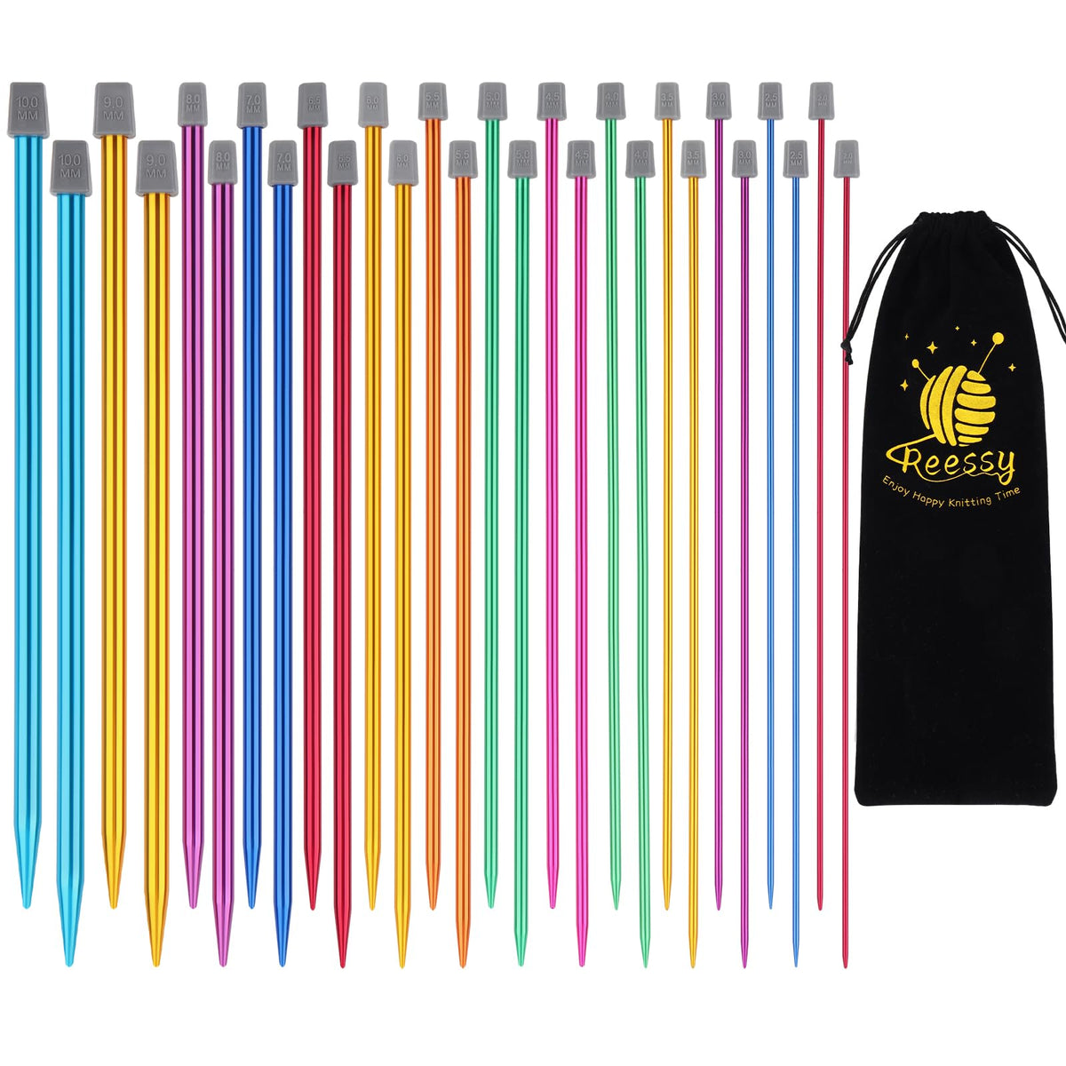Reessy Coloured Knitting Needles Set-25cm Long, 28 Pcs/14 Pirs 2 mm-10 mm Aluminium Single Pointed Needle, Long Knitting Needles, Straight Metal