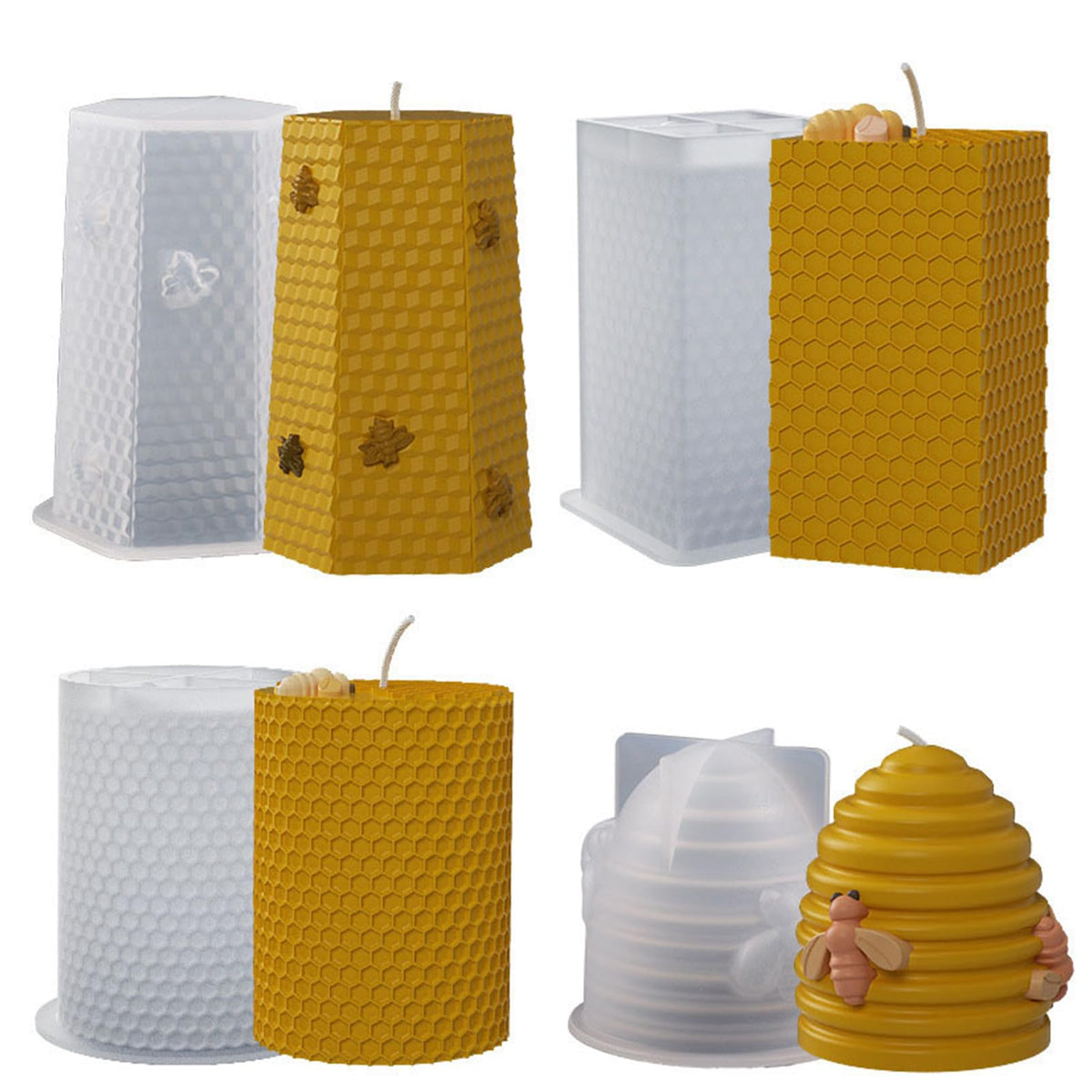 Bekecidi 4 PCS Bee Honeycomb Candle Moulds Silicone, Pillar Candle Moulds for Candle Making Epoxy Resin Moulds Cylinder Candle Molds for Making 3D