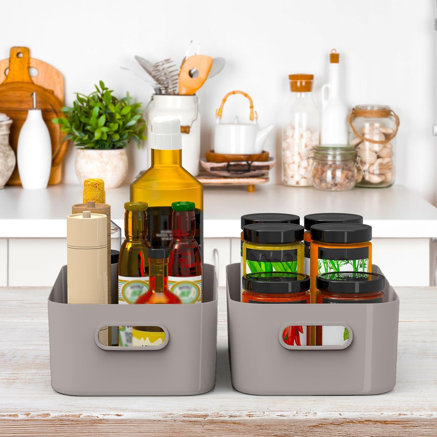 W&H 5 PCS Grey Plastic Storage Baskets with Handle, Medium Kitchen Cupboard Organiser Box, Under Sink Storage Boxes, Plastic Boxes for Bathroom