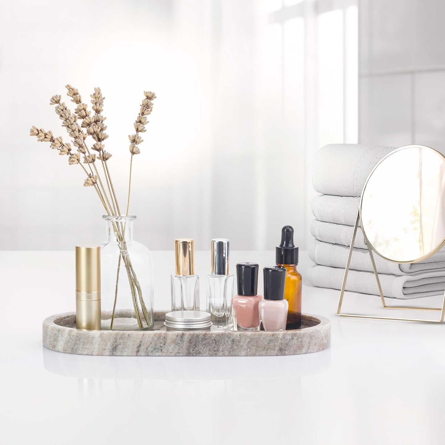 EHC Natural Marble Bathroom Vanity Tray - Oval, Decorative Countertop Sink Storage Organiser for Cosmetic, Perfume, Home Decor - 25 x 11.5 x 2 cm