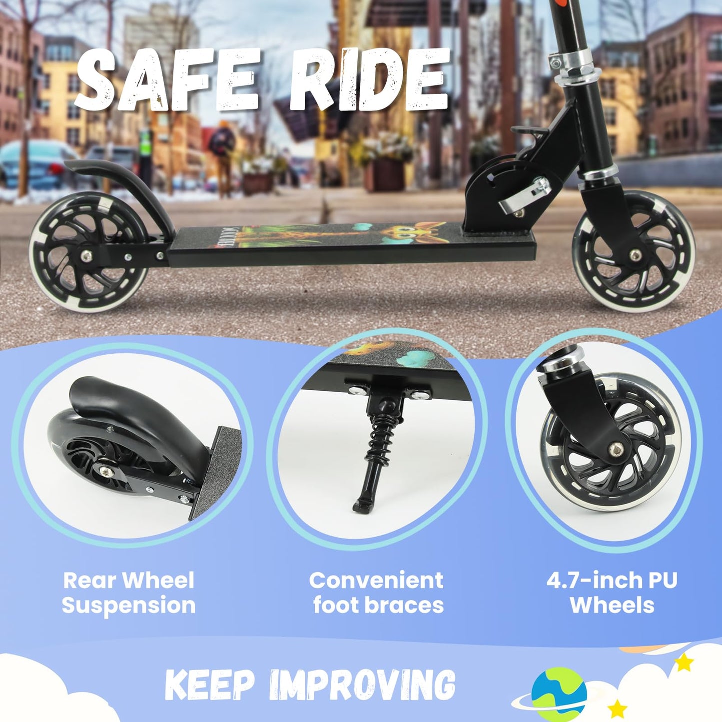 TENBOOM Scooter for Kids Ages 4-7, 2 Wheels Light Up Gift Scooters for Girls Boys Ages 6-12, Easy Folding Kids Scooter with 3 Levels Adjustable