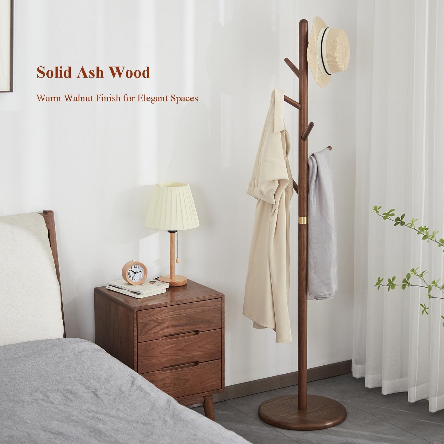 Homruilink Solid Wood Coat Rack Freestanding 6 Hooks for Entryway Bedroom