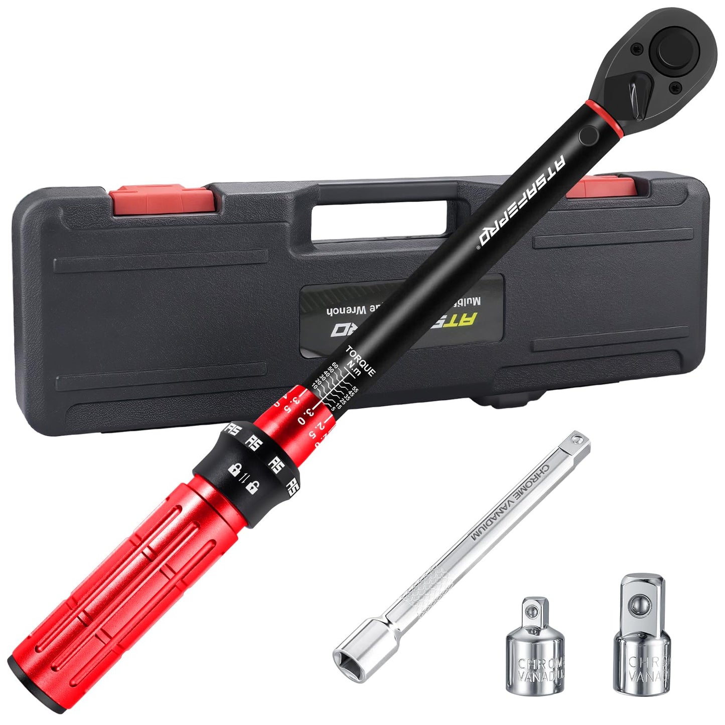 ATsafepro 3/8 Inch Torque Wrench Set,5-60 Nm with 3/8" to 1/4", 3/8" to 1/2" Socket Adapter & 6" Extension Bar??3% Accuracy, Reversible Ratchet Head
