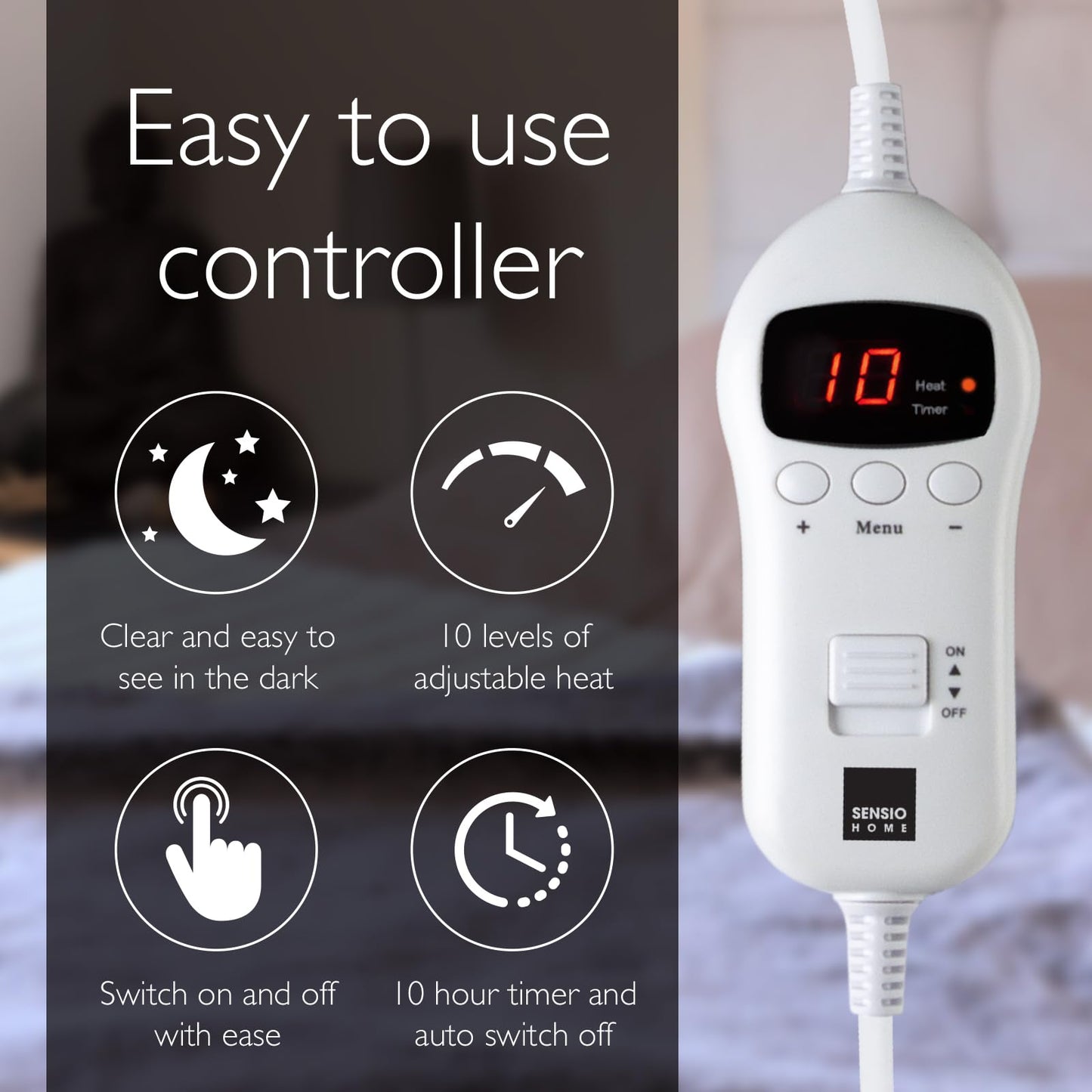 Sensio Home Luxury Heated Throw Fast Heat Up Electric Blanket, Warm Cosy Flannel Fleece, 10 Heat Settings, Timer and Overheat Protection, Machine