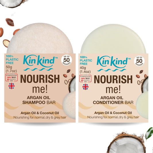 KinKind NOURISH me! Shampoo and Conditioner Bar Set. Argan Oil & Coconut Oil Shampoo Bar and Conditioner for Hydration & Softness, for Normal, Dry and