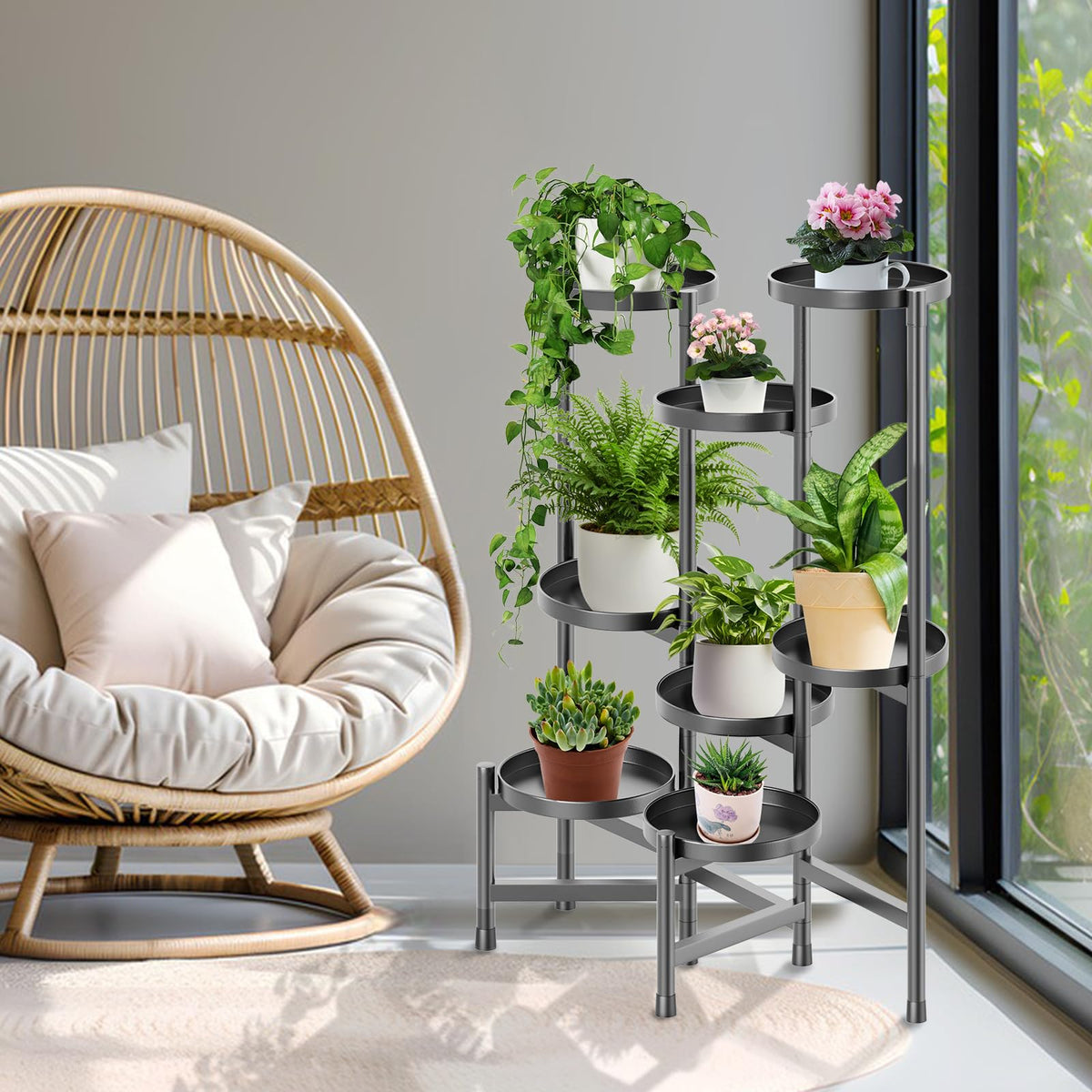KHayRovies 8 Tier Plant Stand Indoor Tall, Adjustable Black Plant Shelf for Multiple 8 Potted Flower Plants Holders, Corner Metal Flower Display Rack