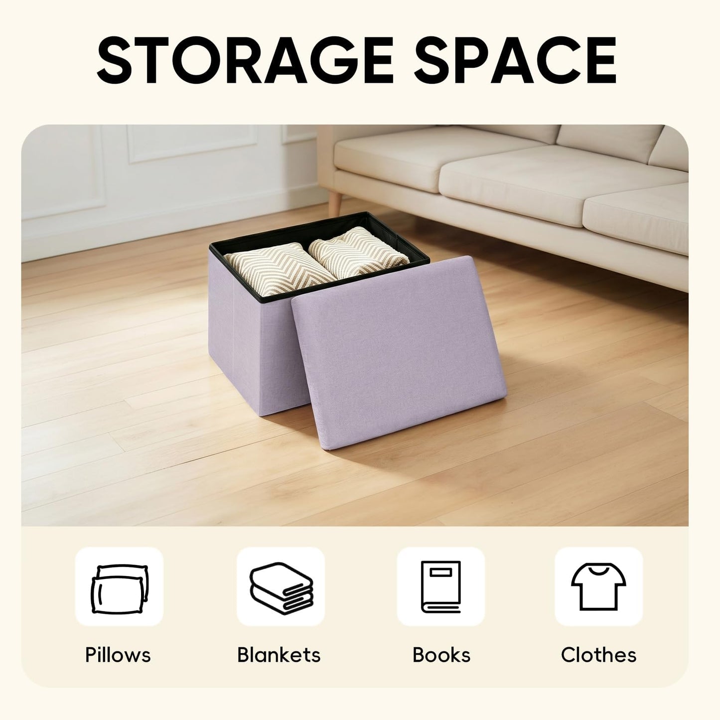 PINPLUS Folding Storage Box Ottoman, Linen Small Footstool, Light Purple