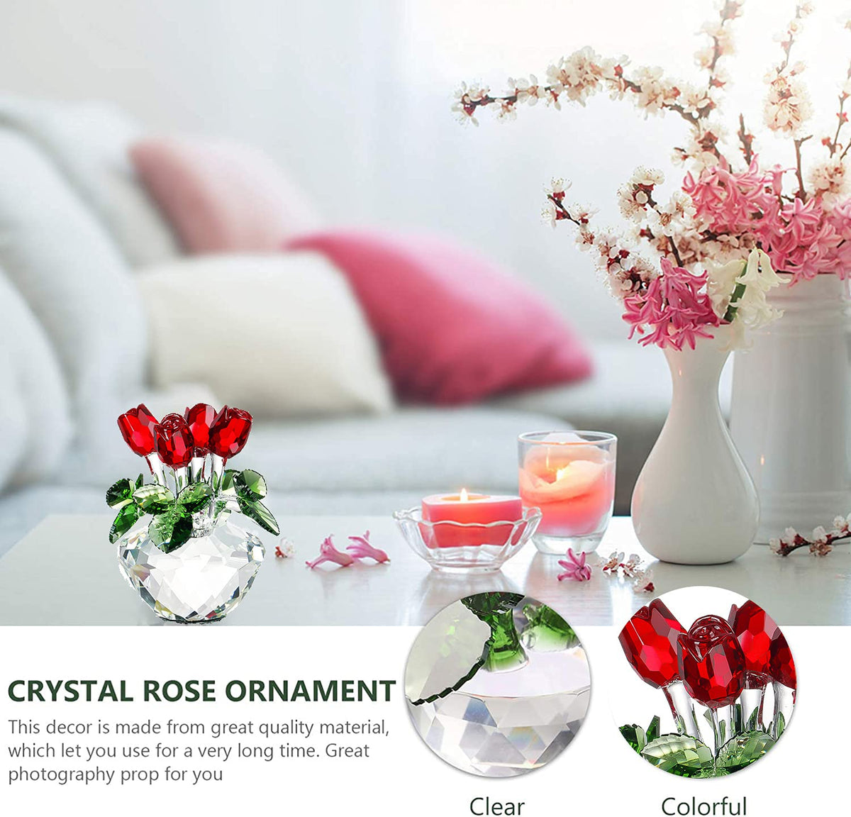 H&D HYALINE & DORA 4.5inch Spring Bouquet Crystal Glass Flowers Red Rose Figurine Ornament Gift-boxed